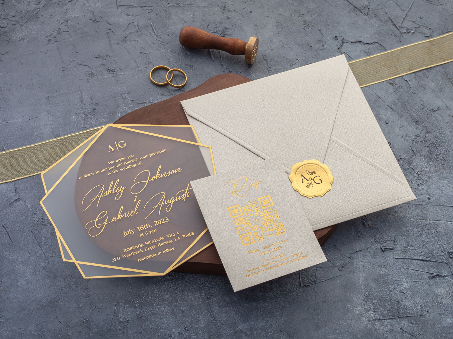 Gold foil printed acrylic invitation with ivory envelope