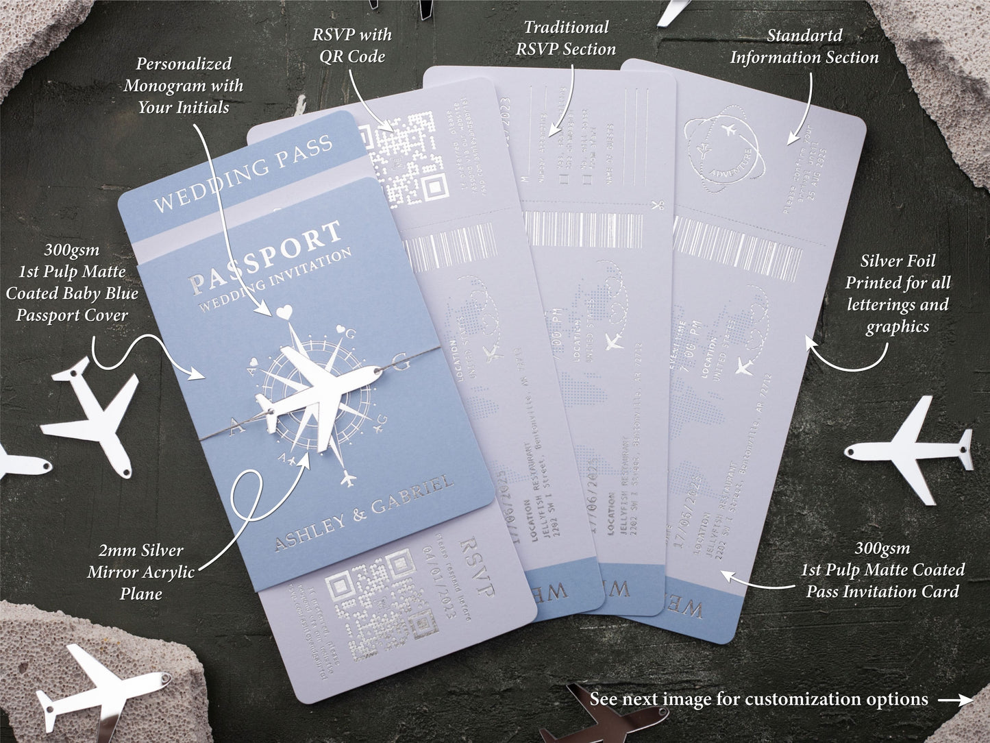 Baby Blue Boarding Pass Wedding Invitation with Silver Foil