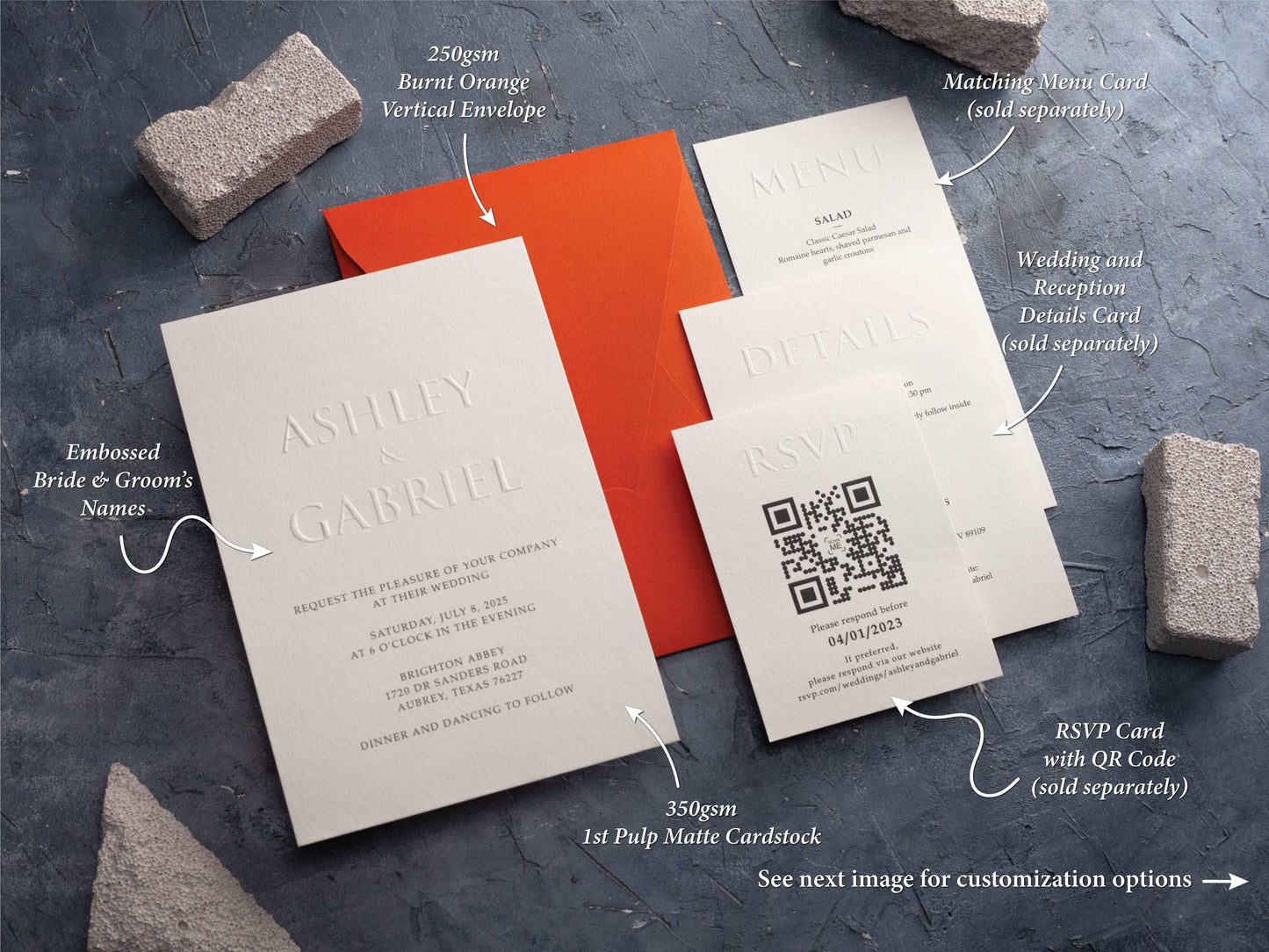 Embossed Wedding Invitation with Burnt Orange Envelope