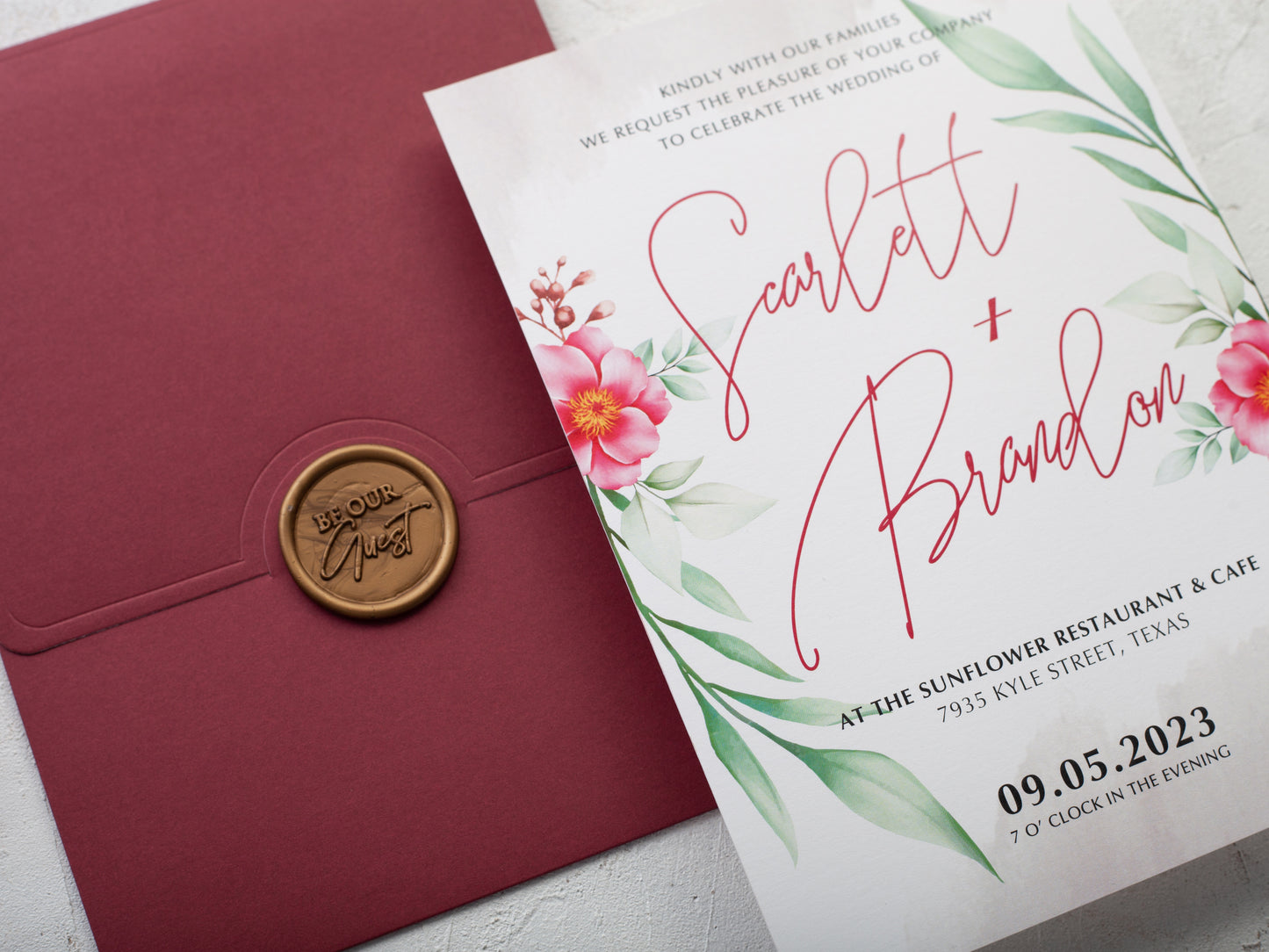 Floral burgundy wedding invitation