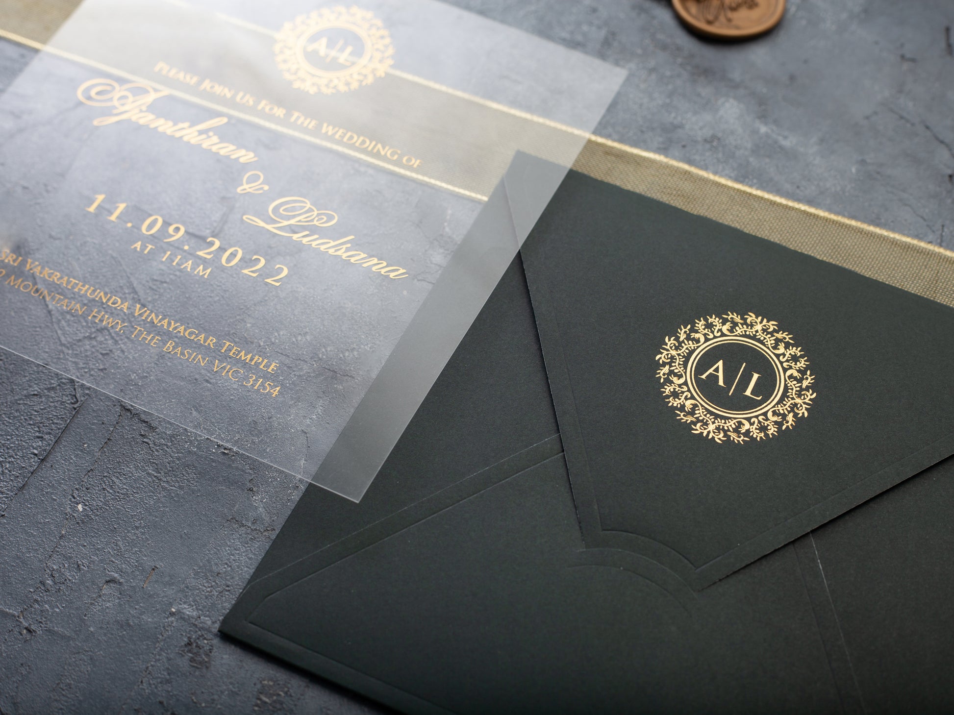 Gold foil printed wedding invitation