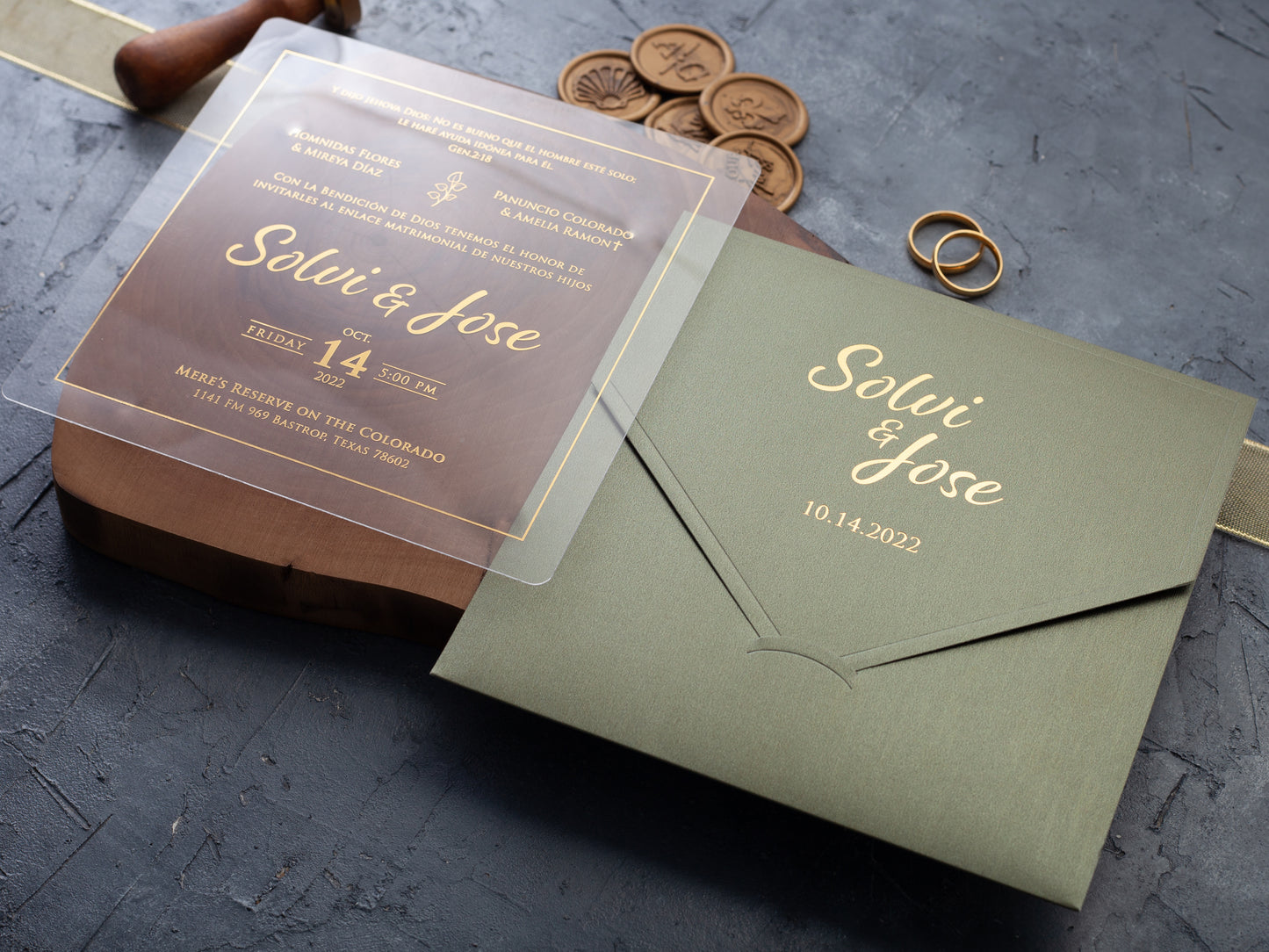 Acrylic Wedding Invitation, Sage Green and Gold Foil Invite