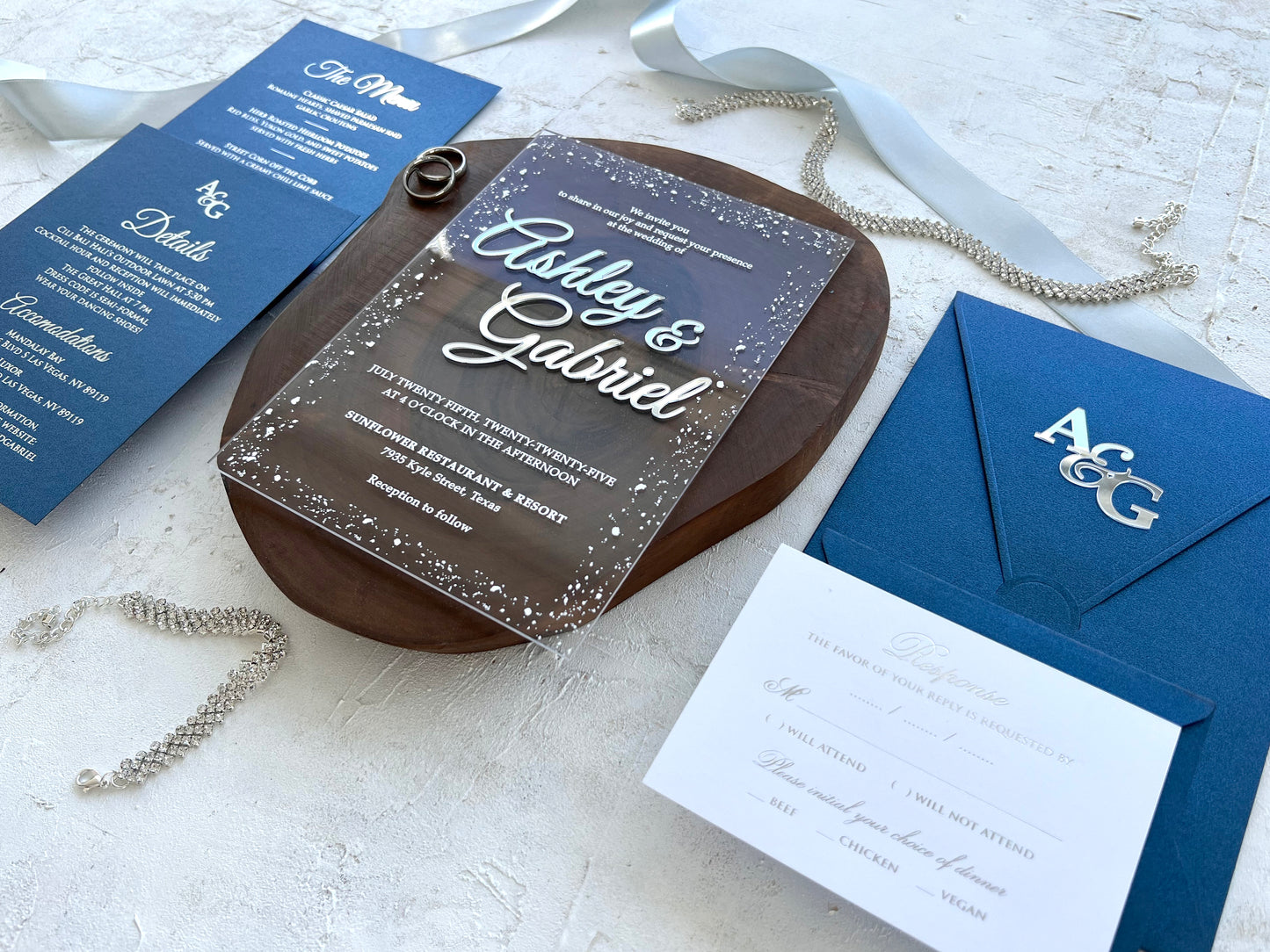 Acrylic Wedding Invitation with Silver Mirror Acrylic Names