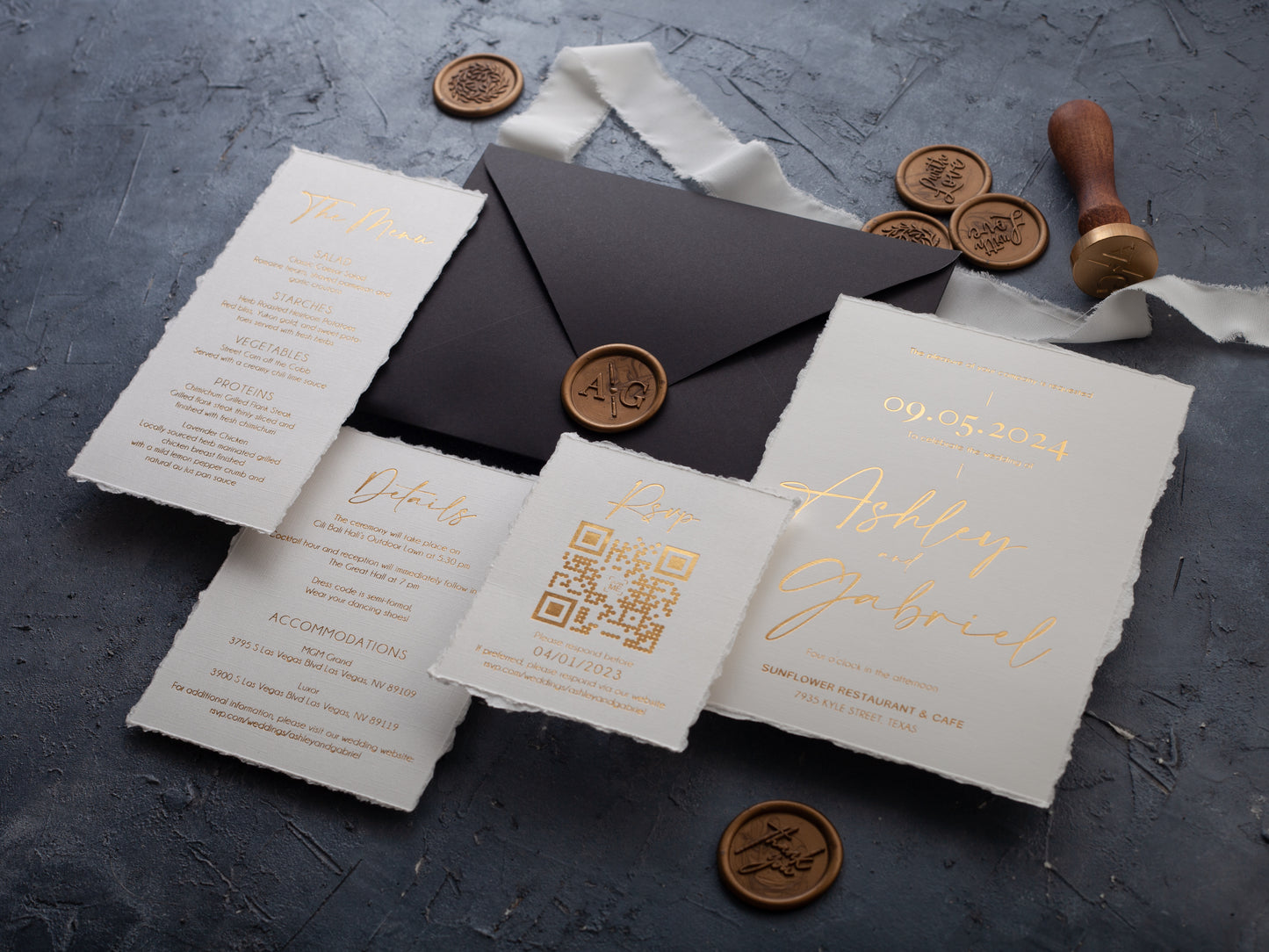 Deckled edge wedding invitation set with gold foil print
