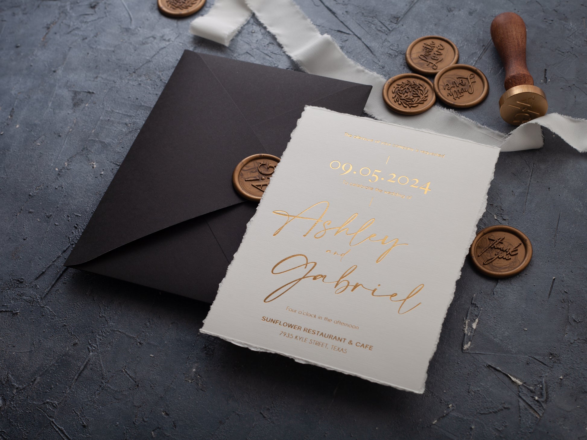Gold foil printed deckled edge wedding invitation
