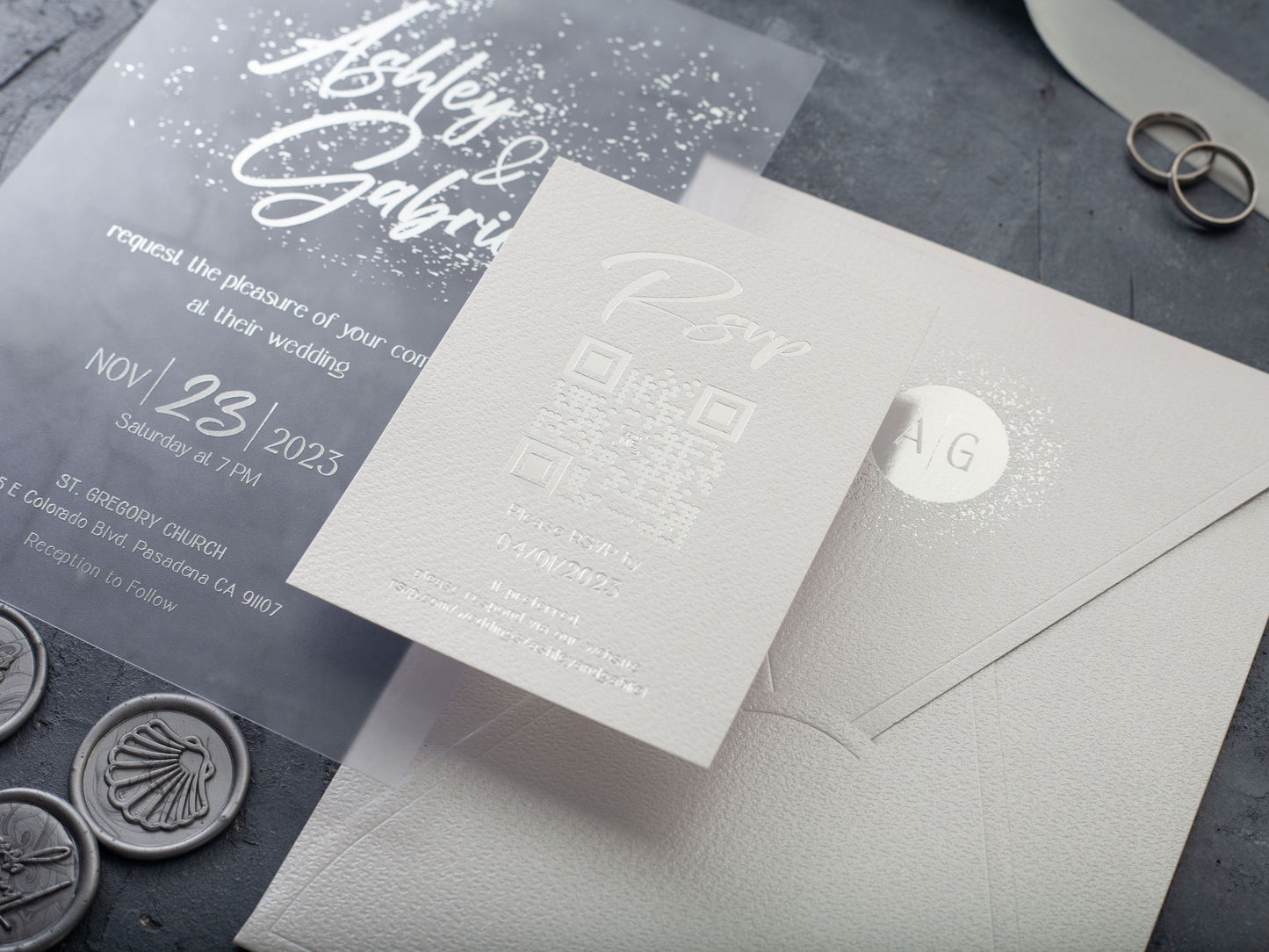 Silver foil printed matte acrylic wedding invite with QR code printed rsvp card
