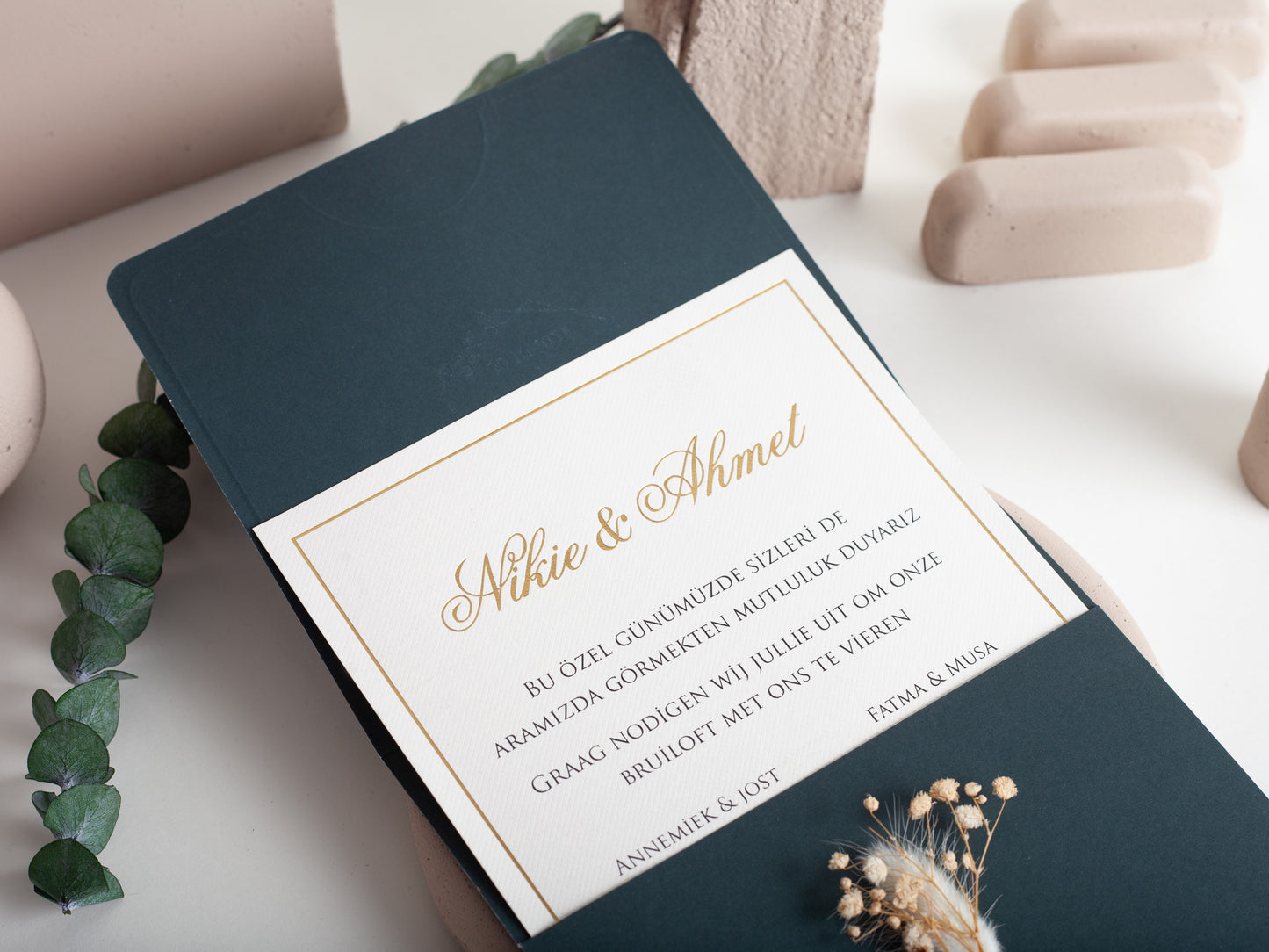 Wedding invitation with wax seal and dried flowers