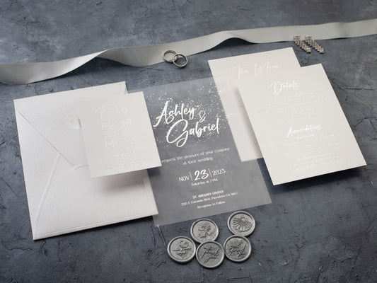 White and silver wedding invitation set with rsvp card QR code, details card and menu card