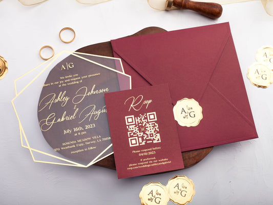 Acrylic Wedding Invitation with Gold Foil and Burgundy Envelope