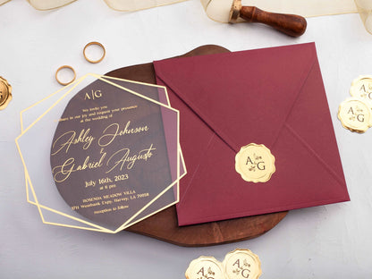 Acrylic Wedding Invitation with Gold Foil and Burgundy Envelope