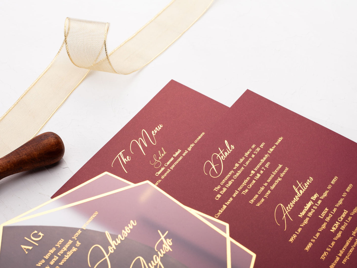 Acrylic Wedding Invitation with Gold Foil and Burgundy Envelope