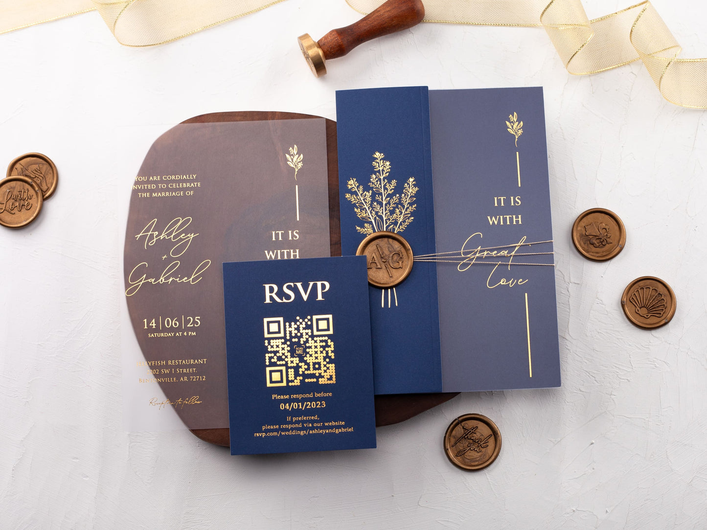 Acrylic Invitation with Navy Blue Folded Jacket and Gold Foil