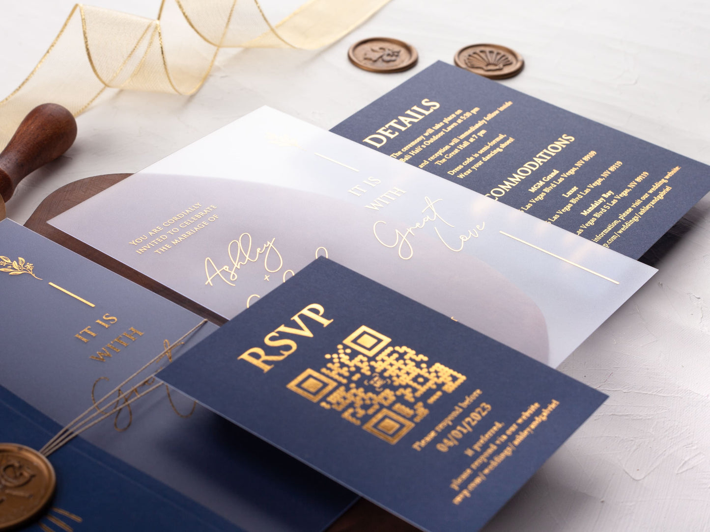 Acrylic Invitation with Navy Blue Folded Jacket and Gold Foil