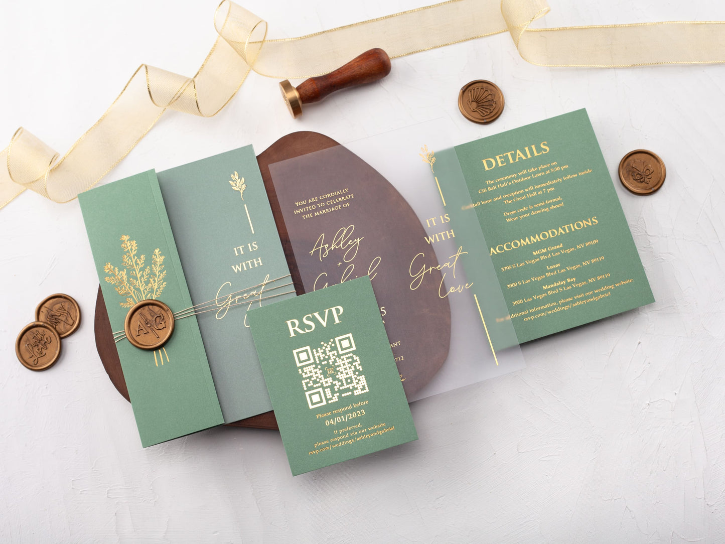 Acrylic Invitation with Sage Green Folded Jacket and Gold Foil
