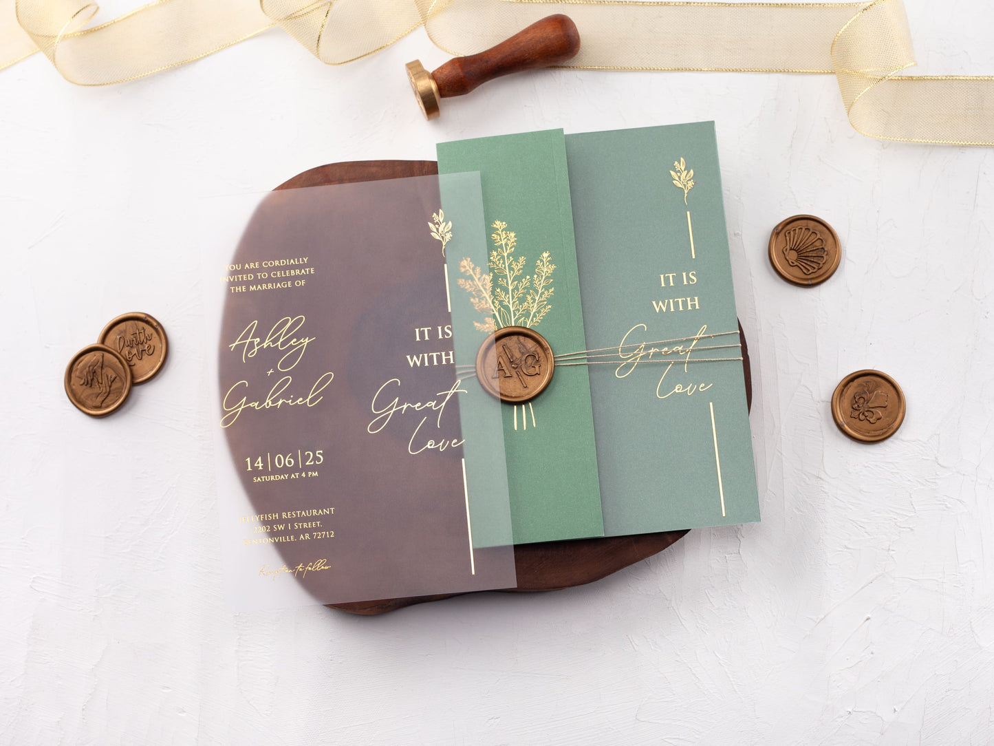 Acrylic Invitation with Sage Green Folded Jacket and Gold Foil