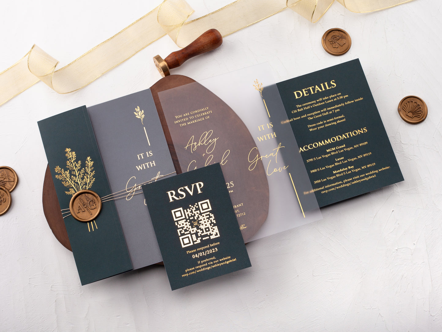 Acrylic Invitation with Gold Foil and Dark Green Folded Jacket