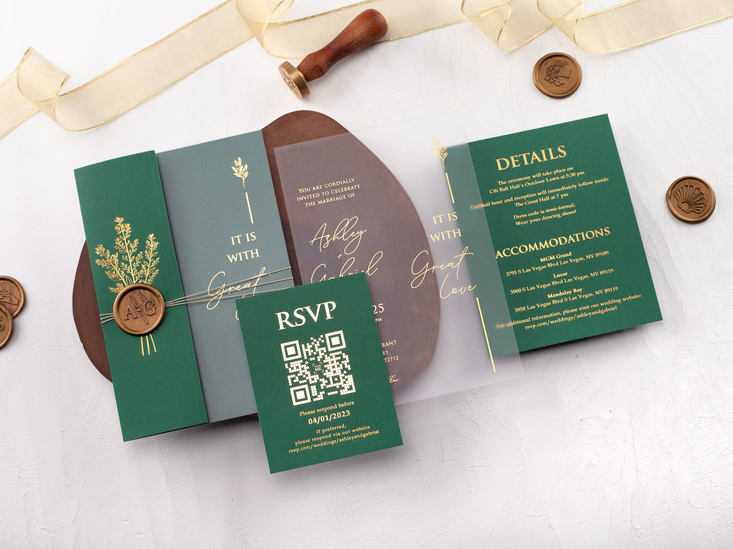 Emerald Green Folded Jacket with Gold Foil Printed Acrylic Invitation