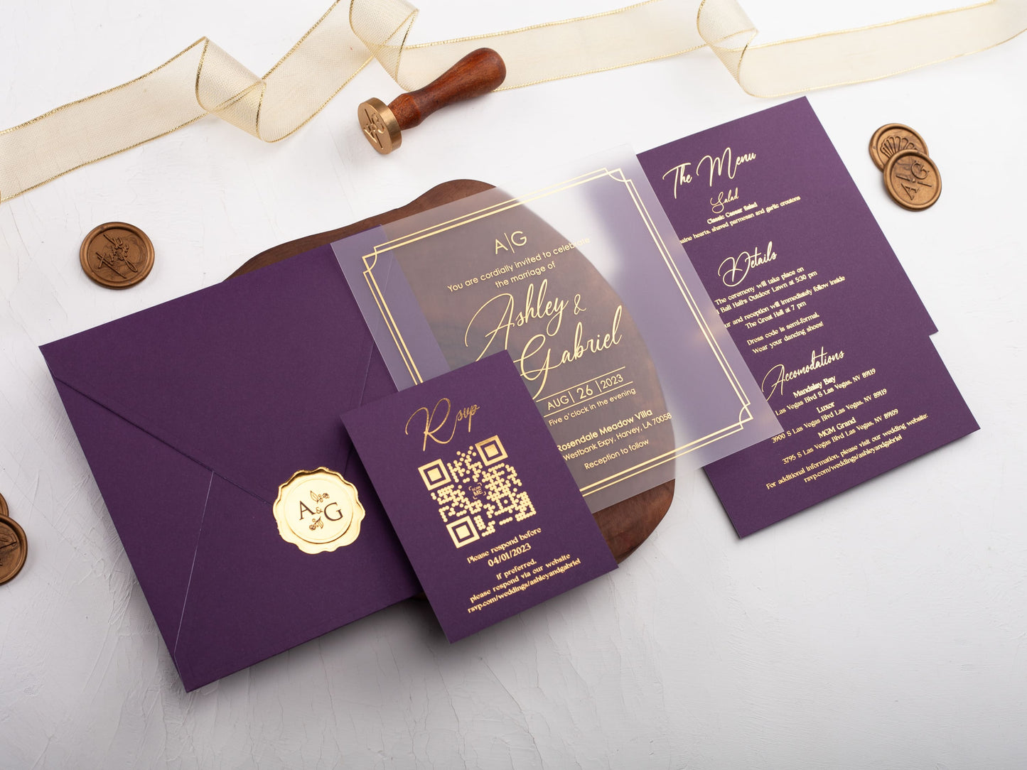Acrylic Wedding Invitation with Gold Foil and Purple Envelope