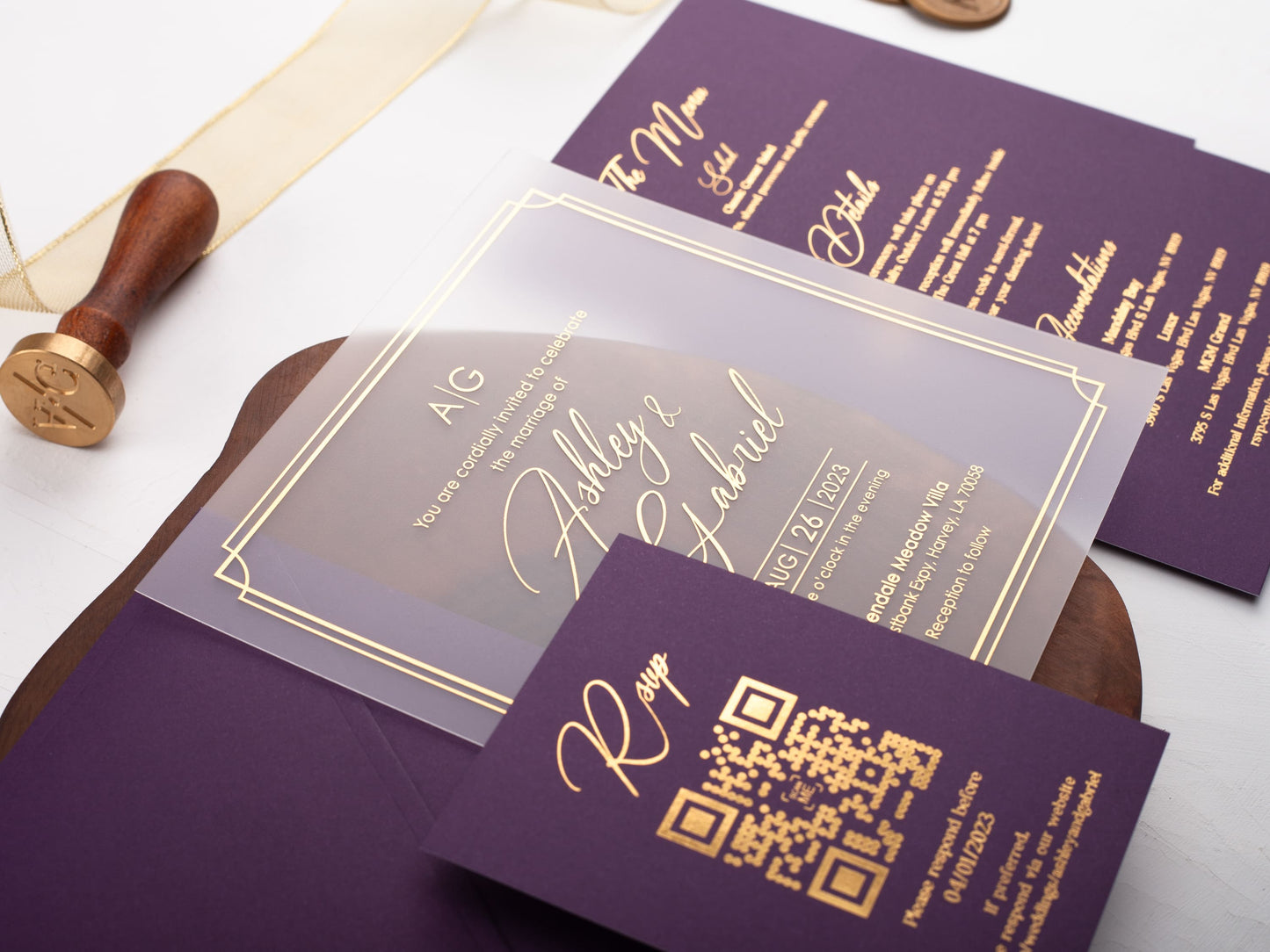 Acrylic Wedding Invitation with Gold Foil and Purple Envelope