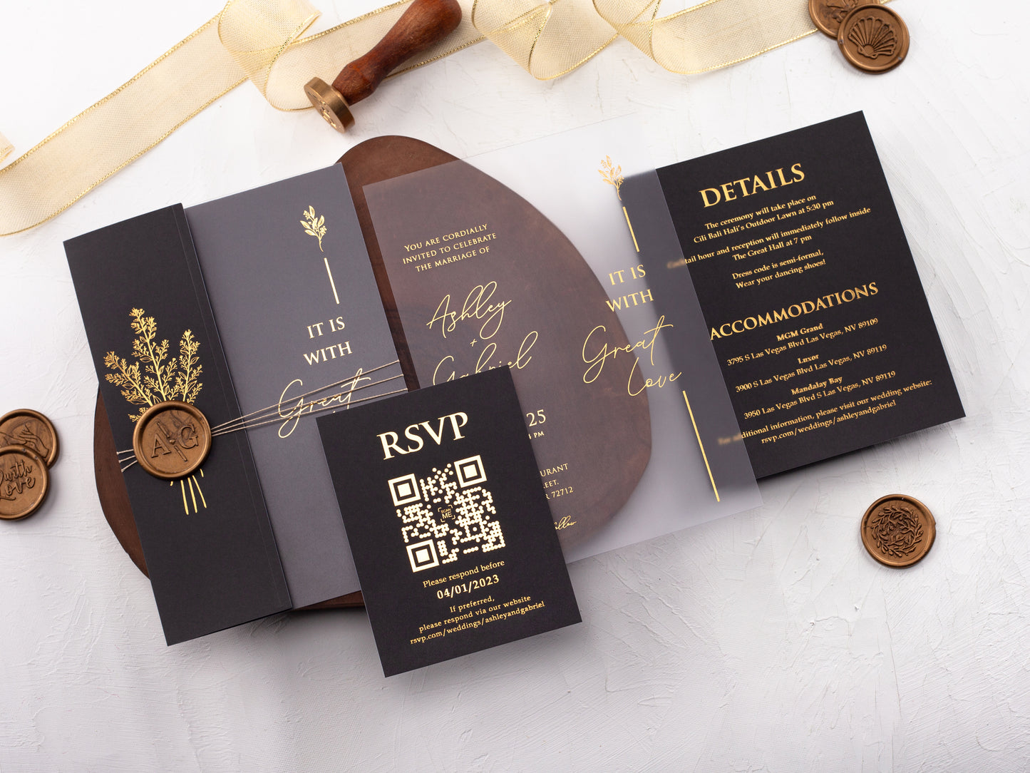 Acrylic Wedding Invitation with Gold Foil and Black Folded Jacket