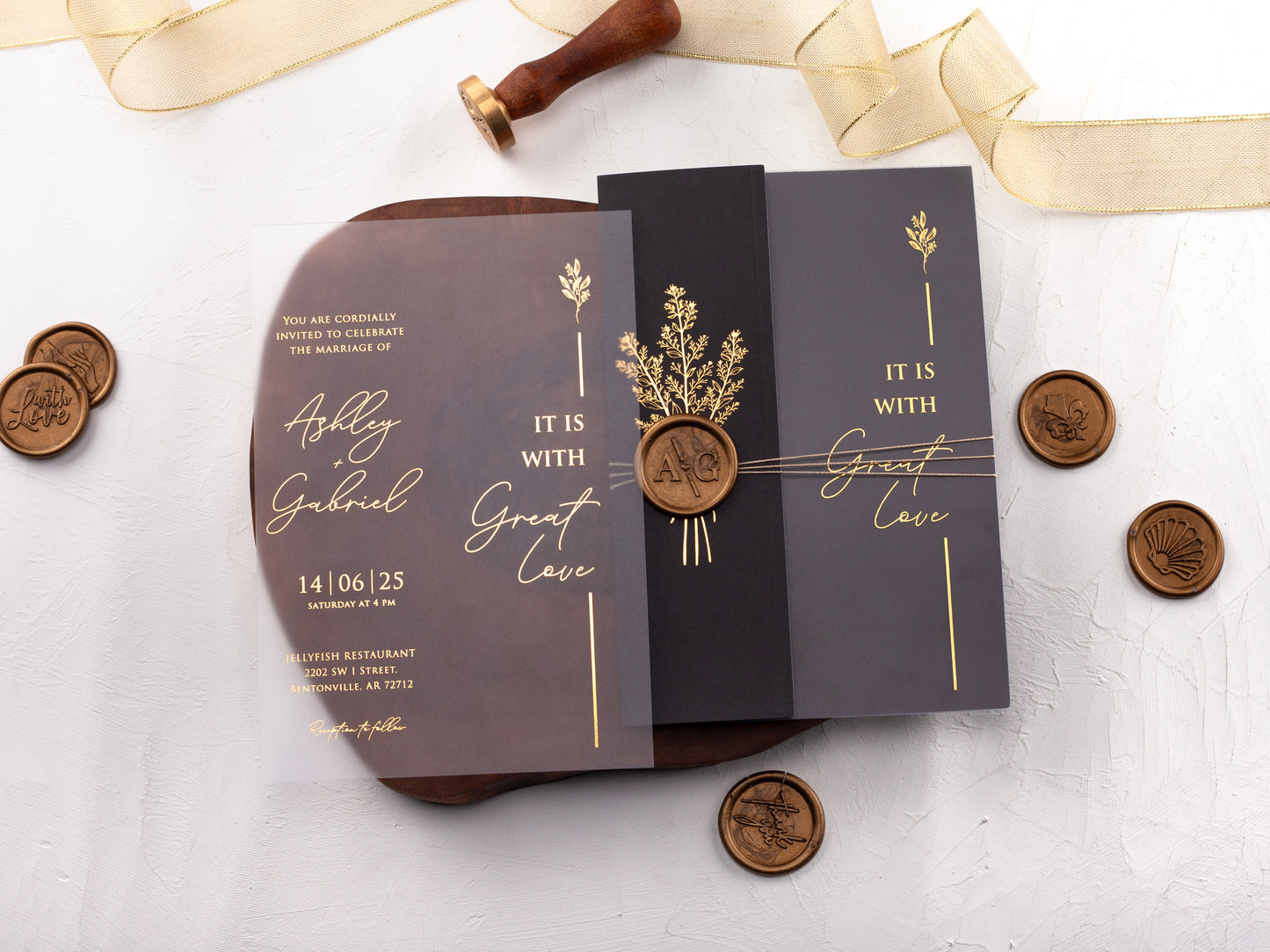 Acrylic Wedding Invitation with Gold Foil and Black Folded Jacket