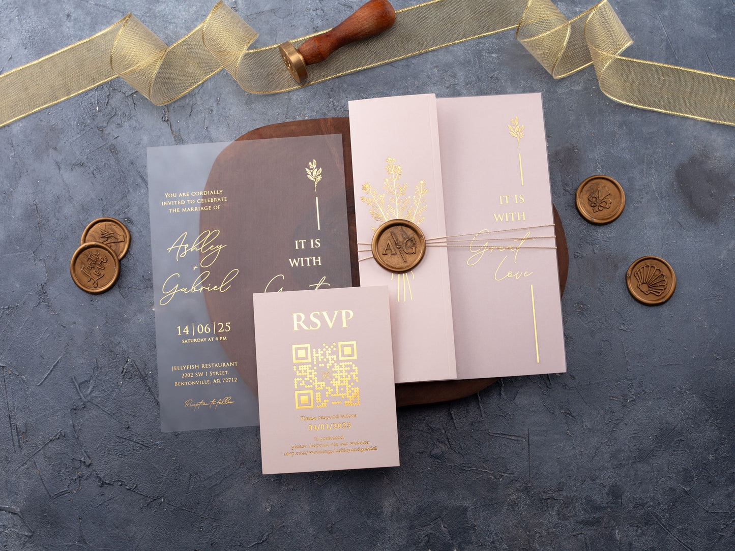 Acrylic Invitation with Blush Pink Folded Jacket and Gold Foil