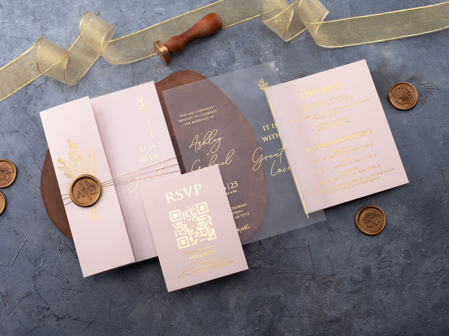 Acrylic Invitation with Blush Pink Folded Jacket and Gold Foil