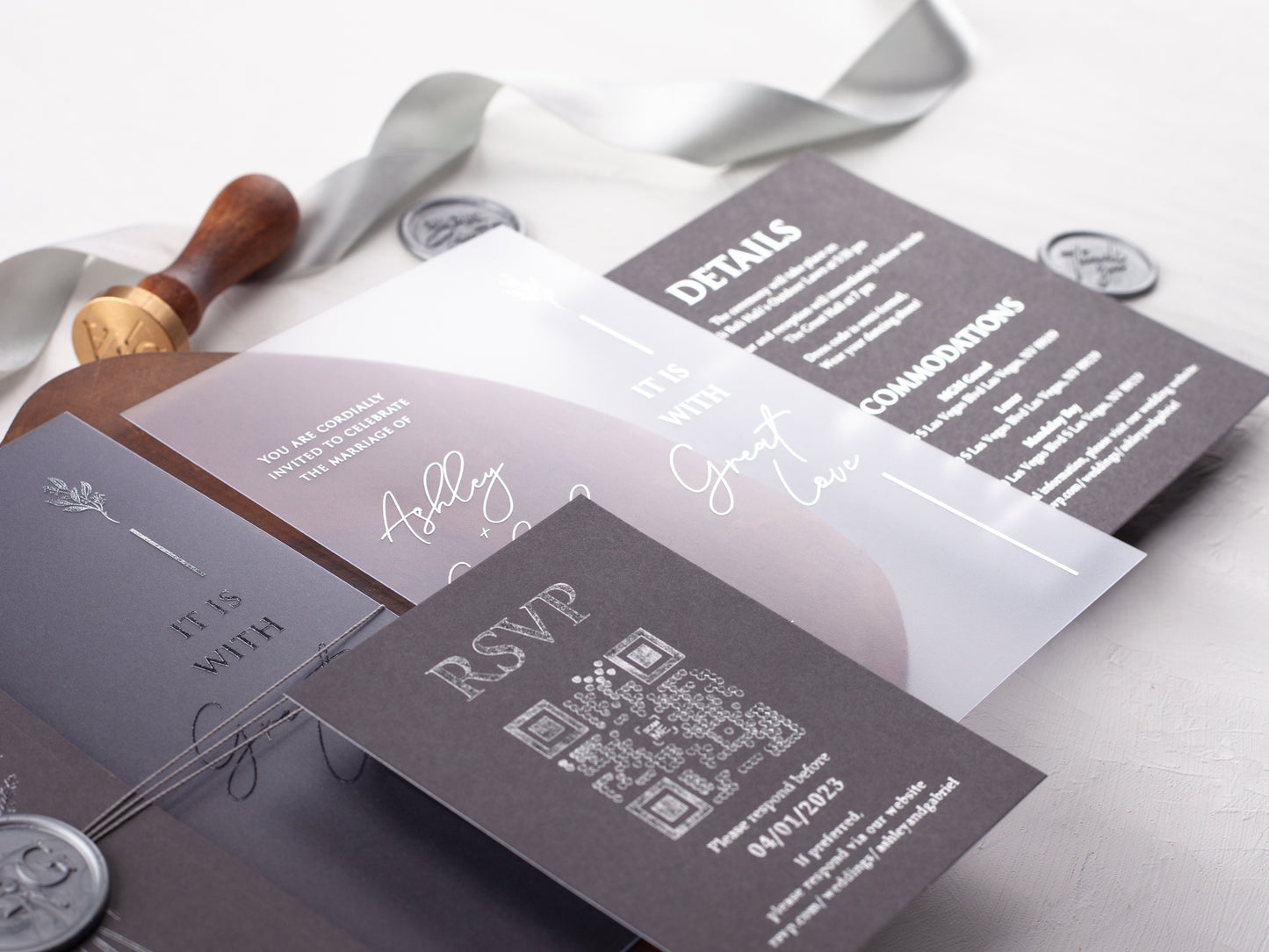 Gray Folded Jacket with Silver Foil Printed Acrylic Invitation
