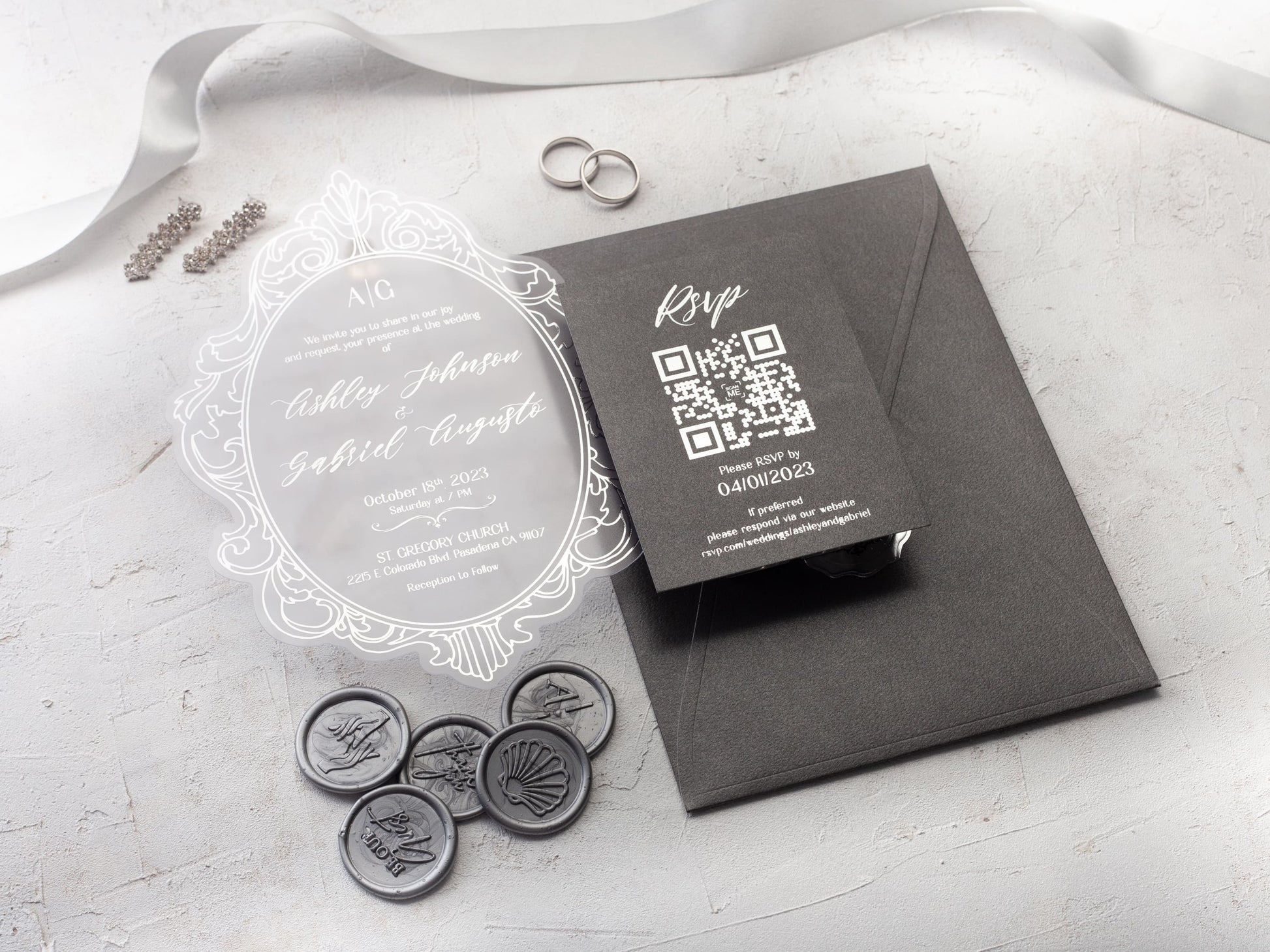 Acrylic wedding invitation with QR code rsvp card