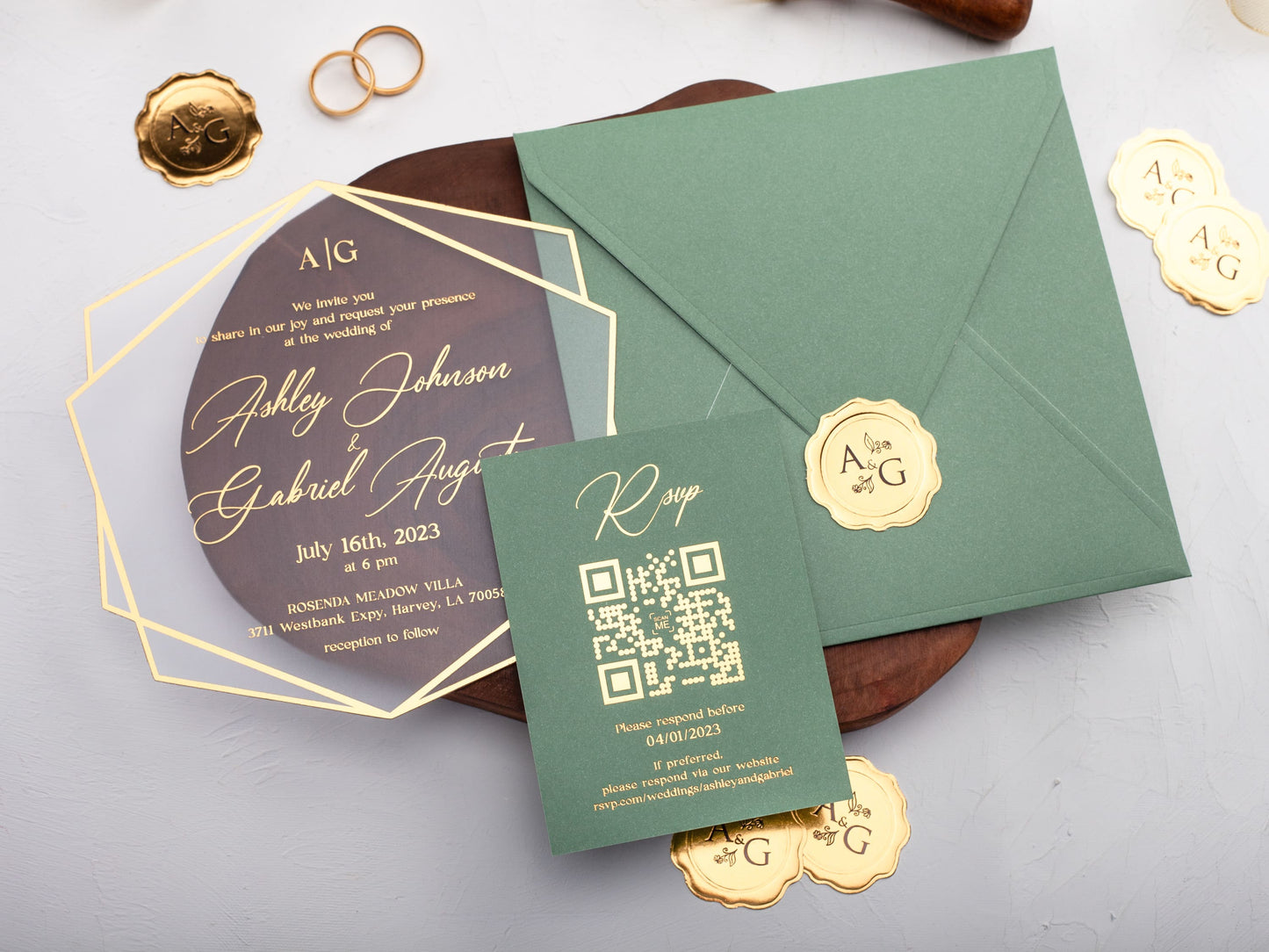 Acrylic Wedding Invitation with Sage Green and Gold Foil