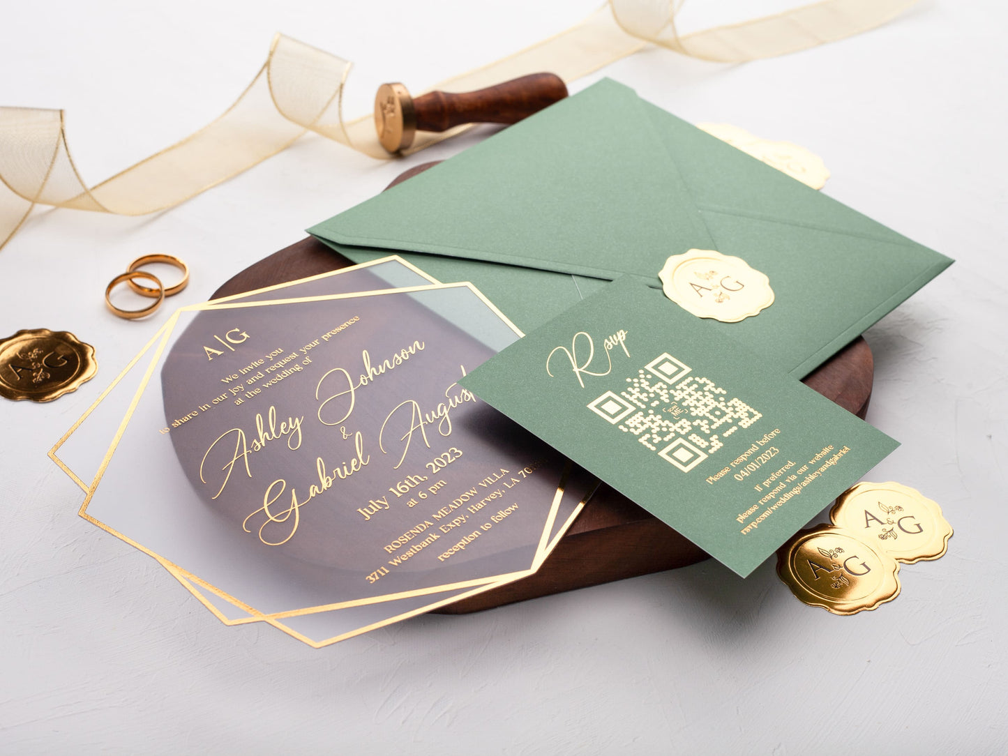 Acrylic Wedding Invitation with Sage Green and Gold Foil