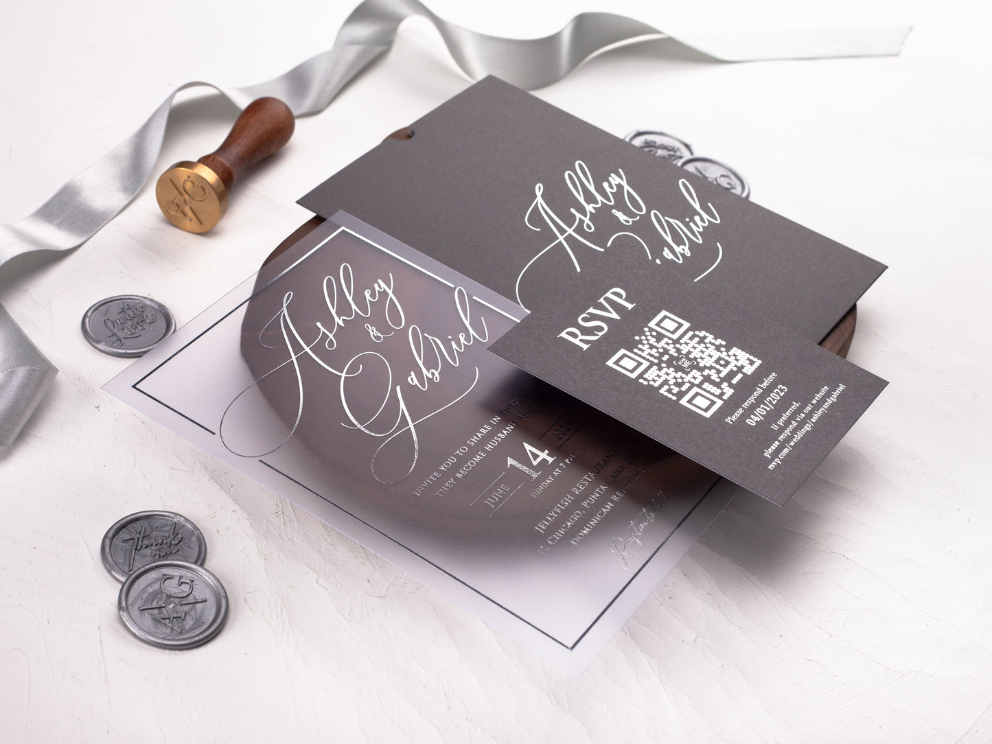 Acrylic Wedding Invitation with Silver Foil Print and Gray Envelope