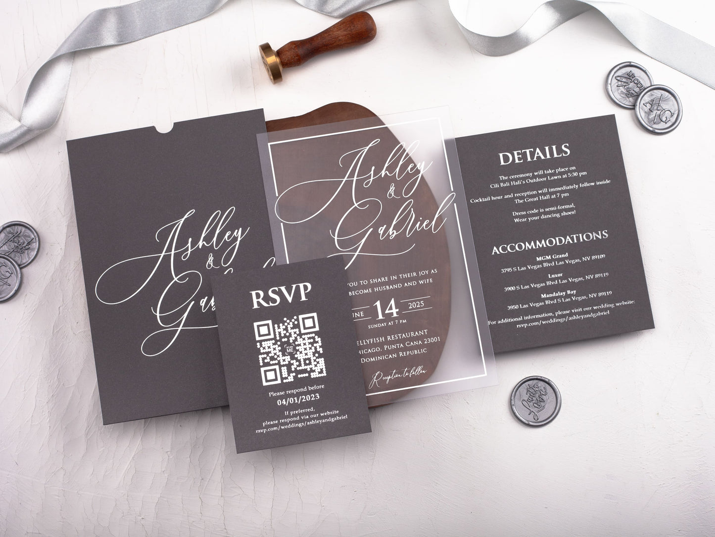 Acrylic Wedding Invitation with Silver Foil Print and Gray Envelope