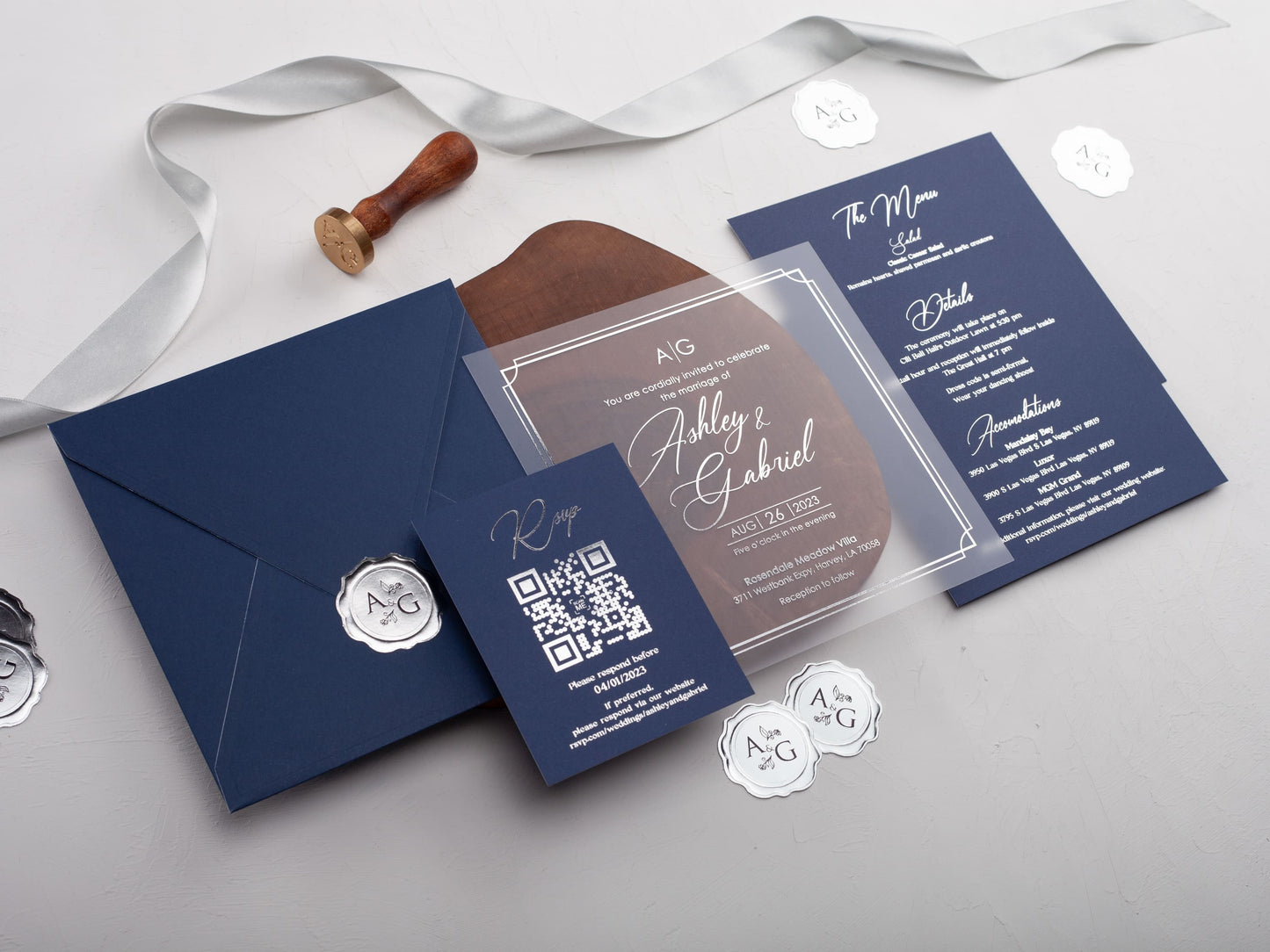 Acrylic Invitation with Silver Foil and Navy Blue Envelope