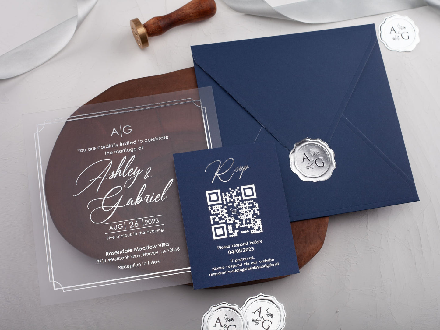Acrylic Invitation with Silver Foil and Navy Blue Envelope