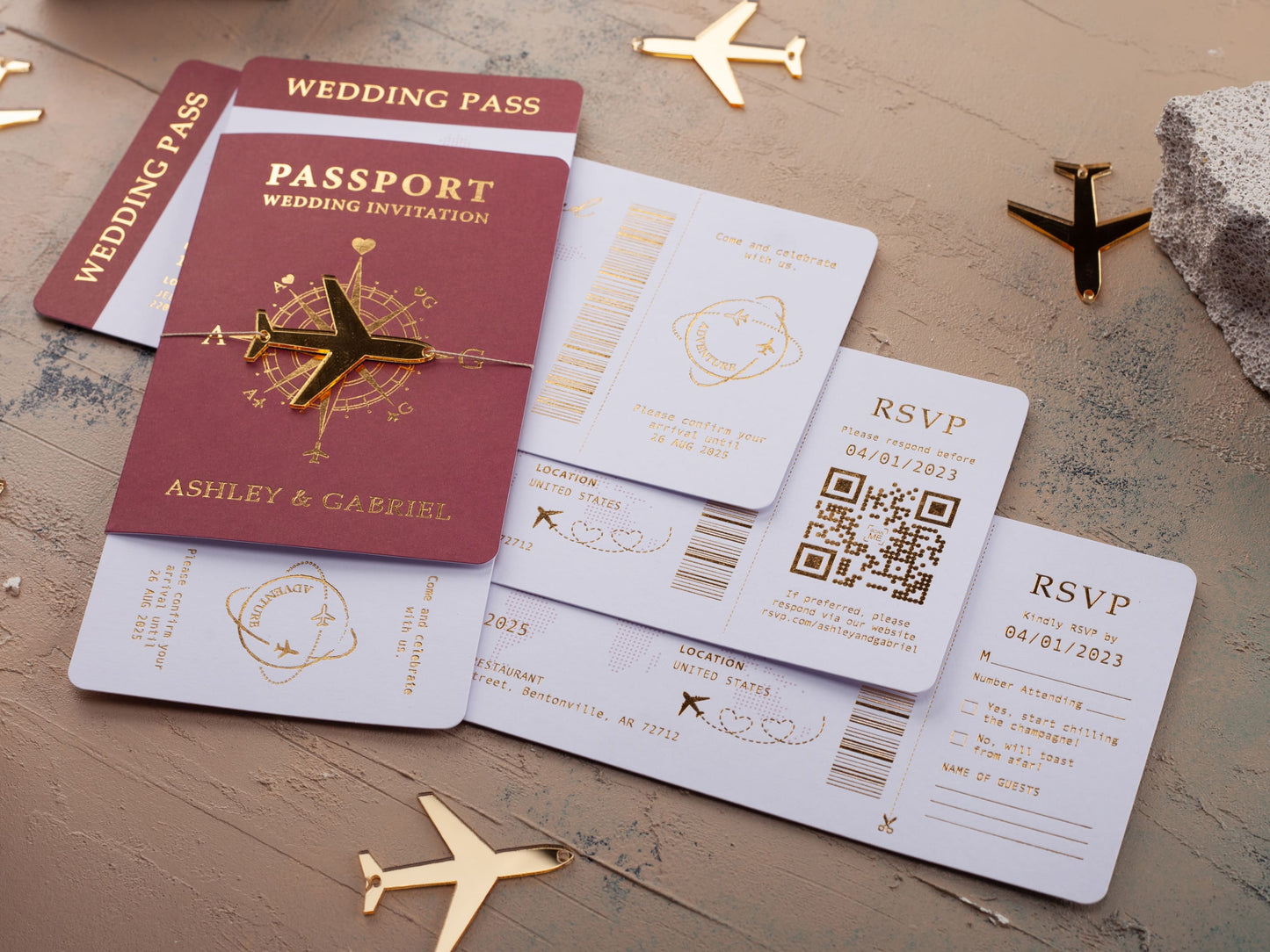 Burgundy Boarding Pass Wedding Invitation with Gold Foil