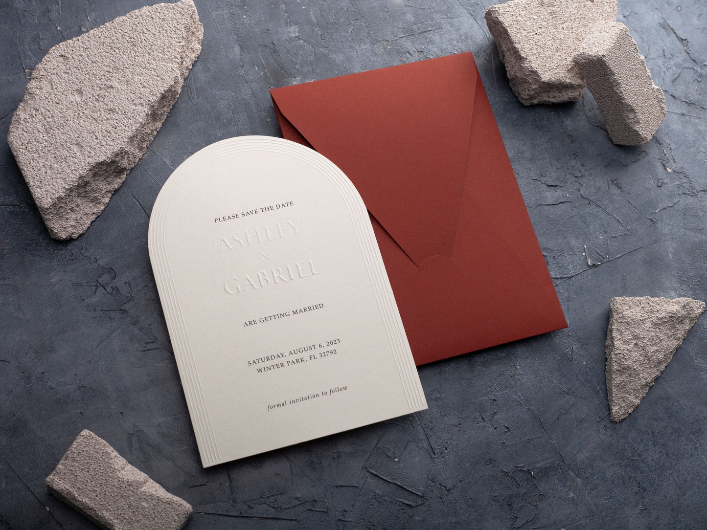 Arch Embossed Save the Date with Terracotta Envelope