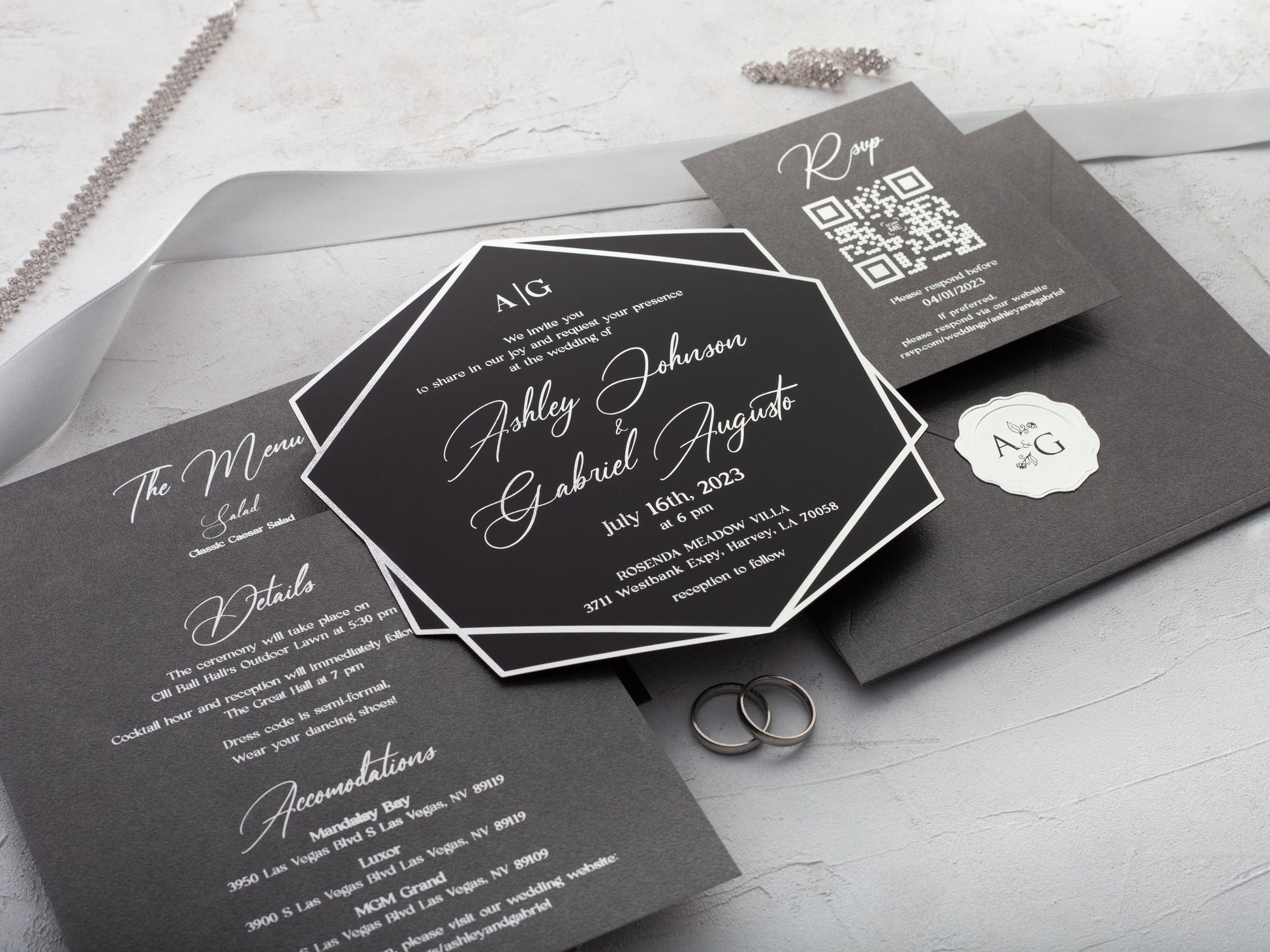 Black acrylic wedding invitation with stationeries