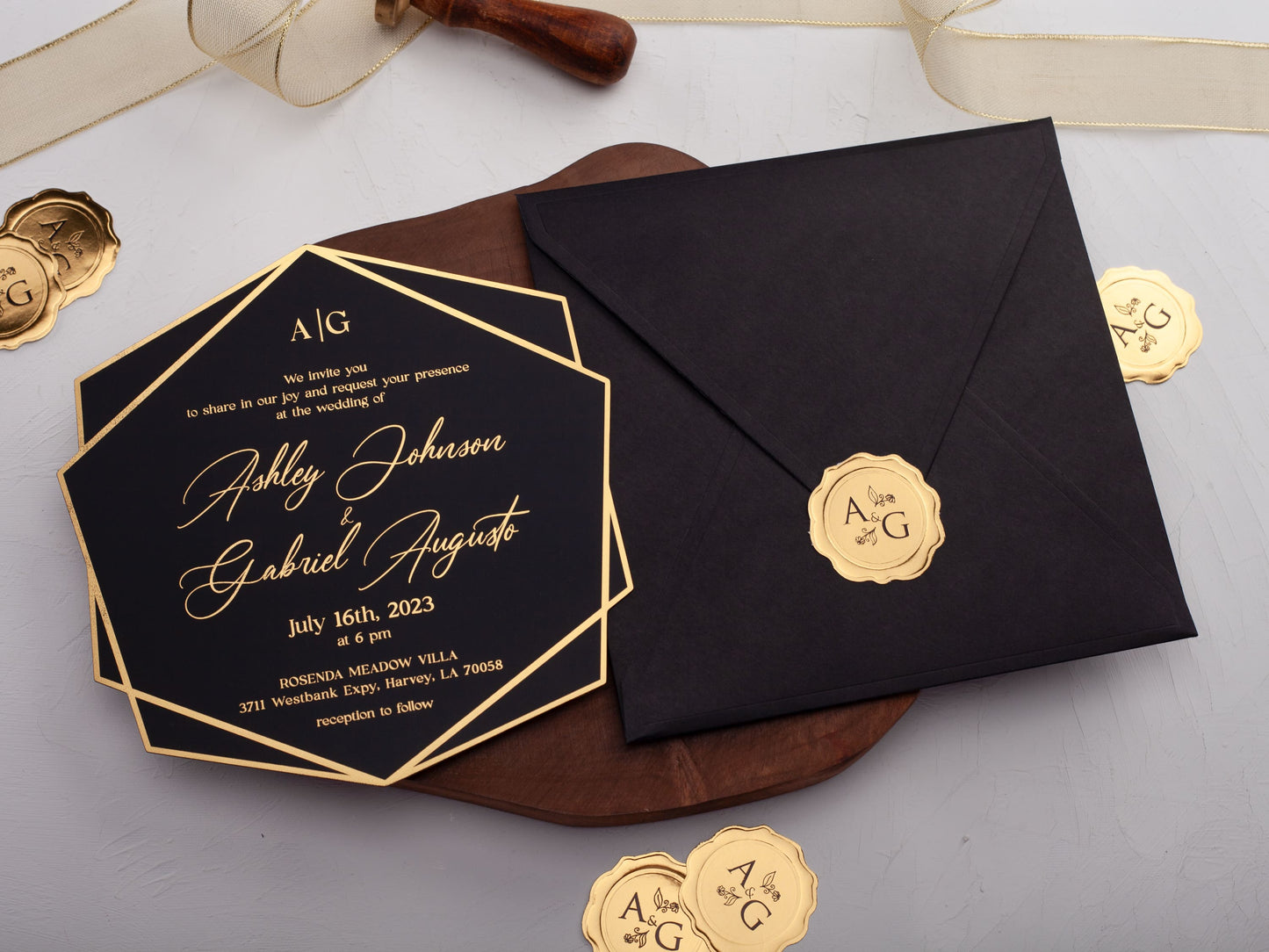 Black Acrylic Wedding Invite with Gold Foil Letters