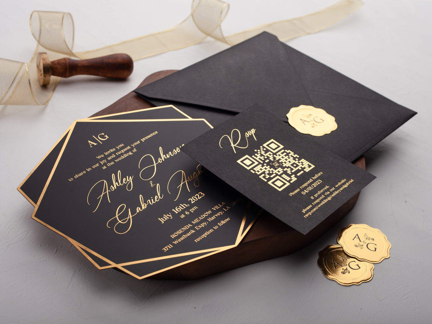 Black Acrylic Wedding Invite with Gold Foil Letters