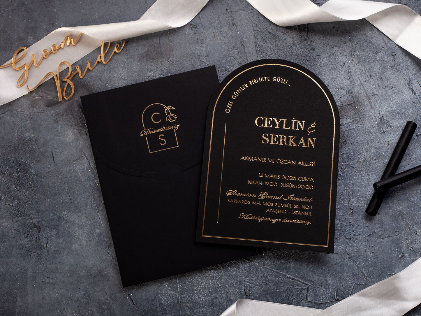 Black and Gold Foil Printed Arch Wedding Invitation