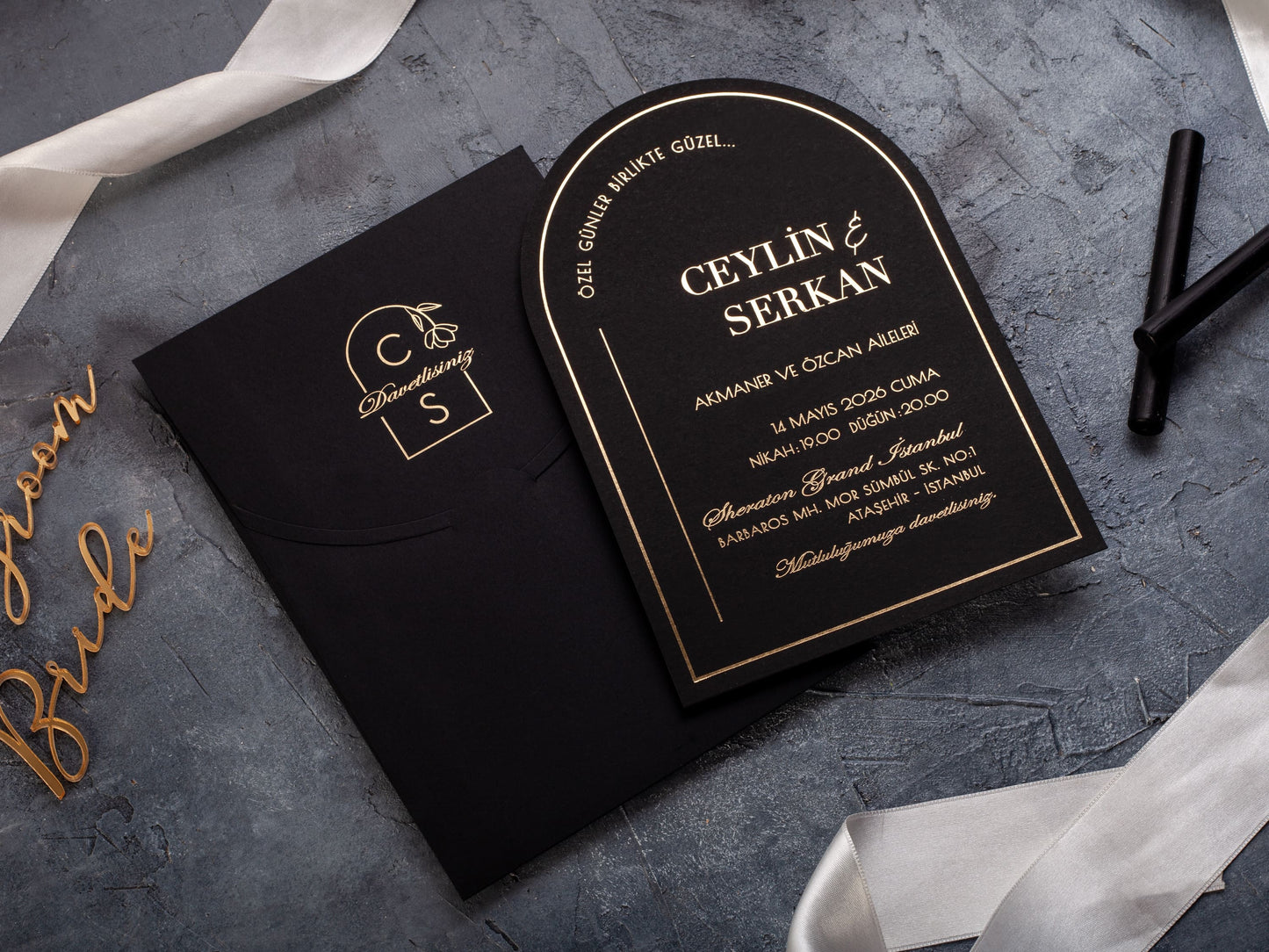 Black and Gold Foil Printed Arch Wedding Invitation