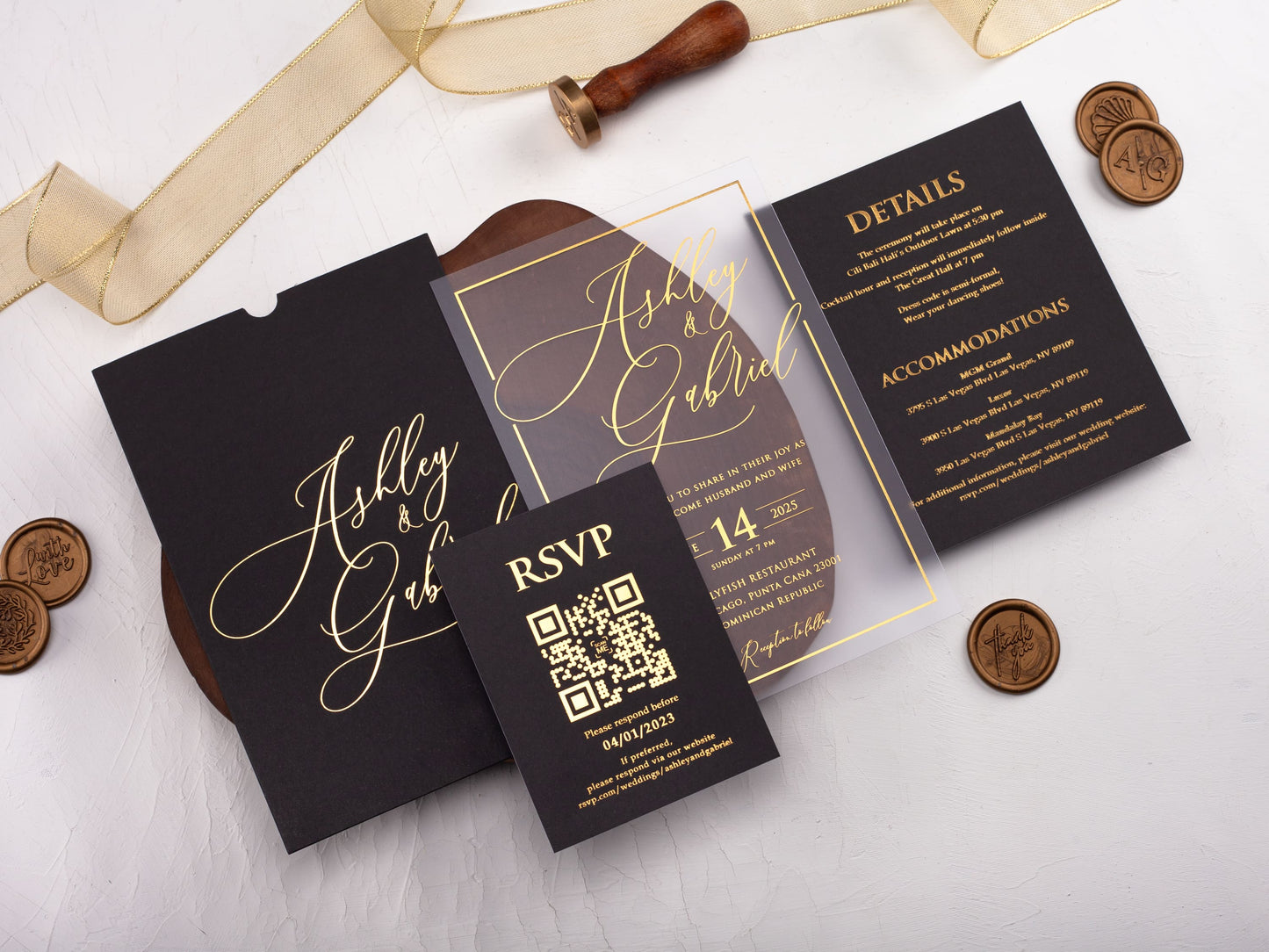 Gold Foil Printed Acrylic Invitation with Black Sleeve Envelope