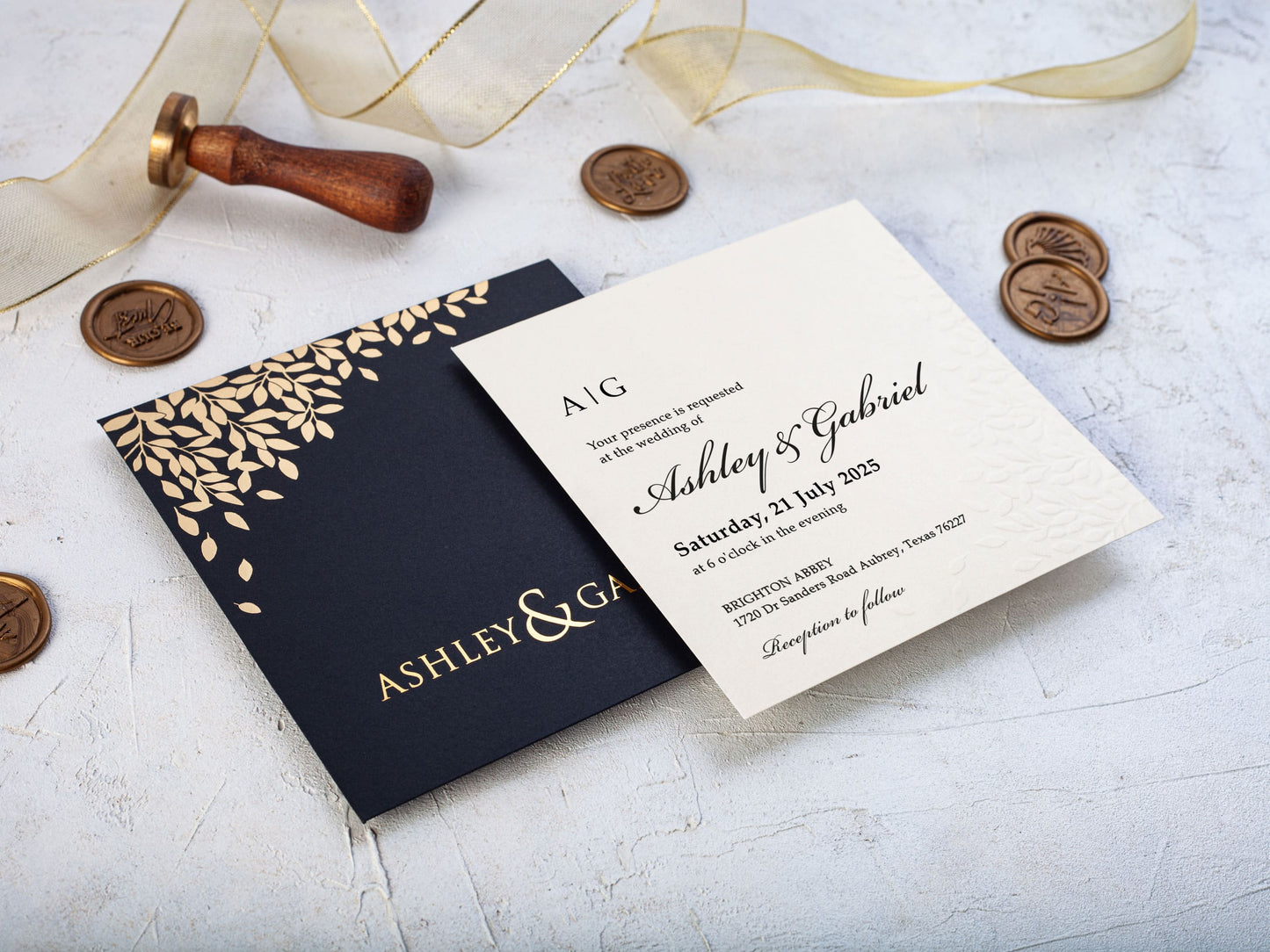 Black and Gold Wedding Invitation with Embossed Leaves