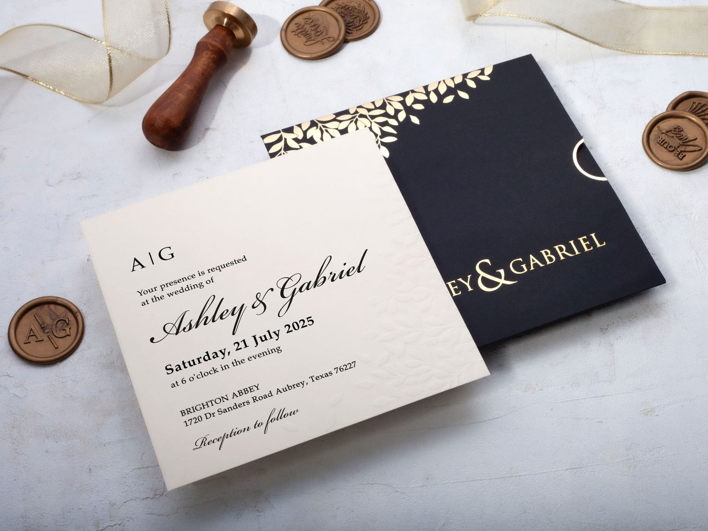 Black and Gold Wedding Invitation with Embossed Leaves