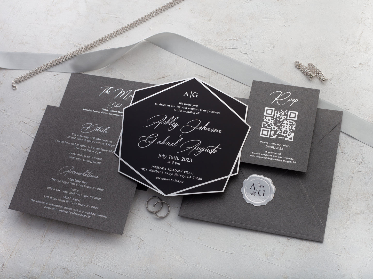Black and silver foil printed wedding invitation