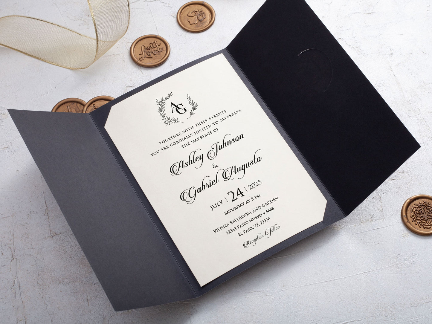 Black Gatefold Wedding Invitation with Gold Details