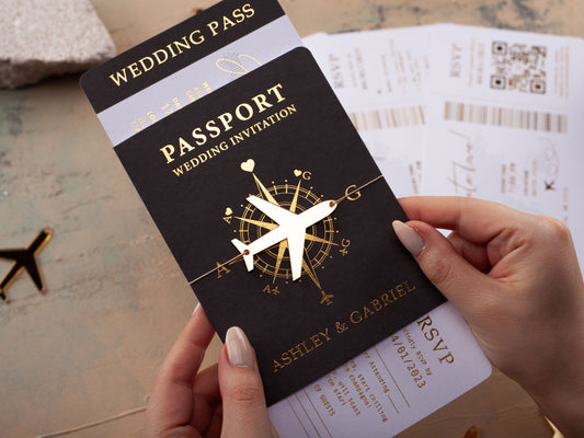 Black Passport Wedding Invitation with Gold Foil