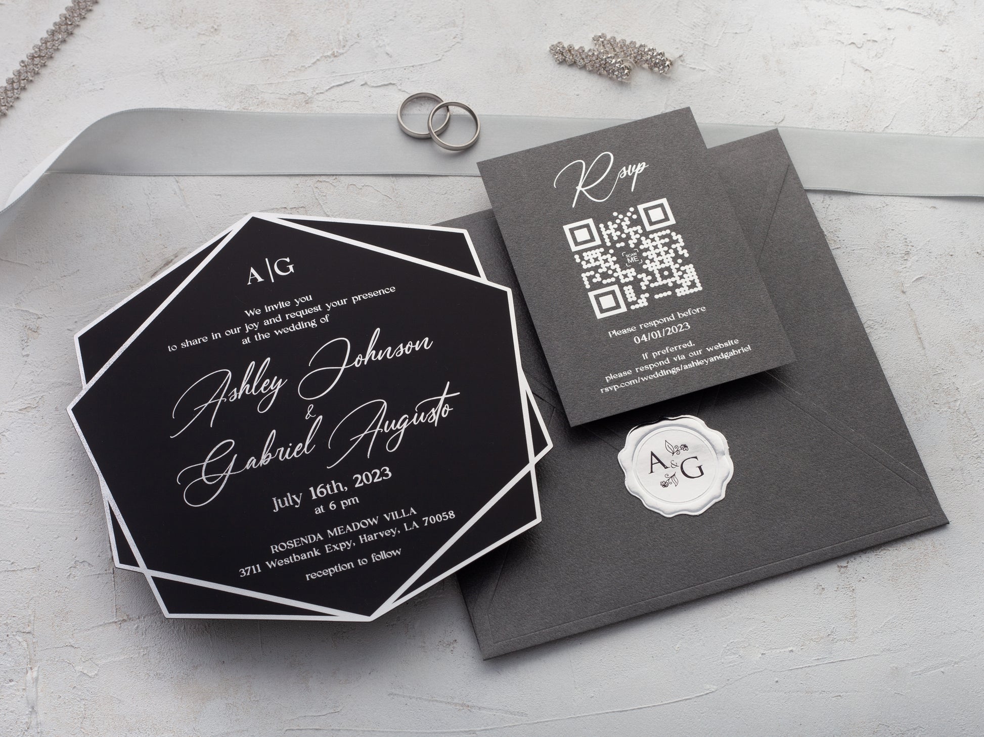 Black wedding invitation and rsvp card with QR code