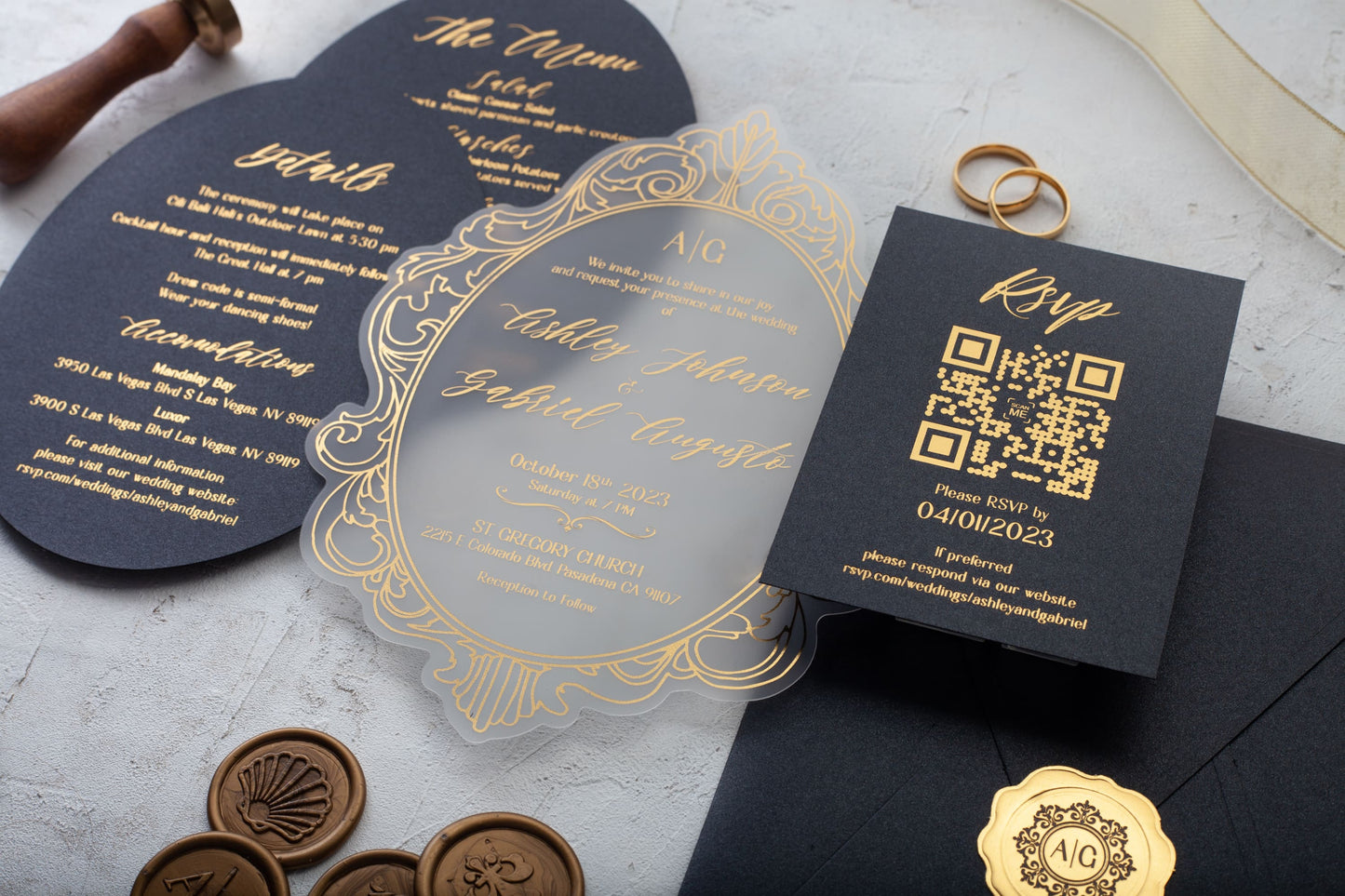Gold Foil Printed Acrylic Invitation with Black Envelope
